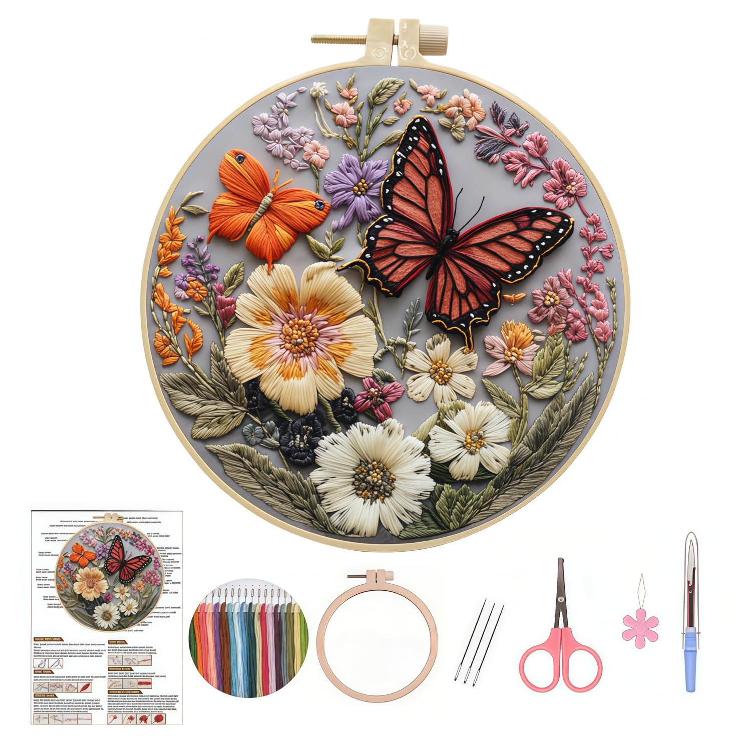 Qixiang Colorful Embroidery Kit，Diy Embroidery Starter Kit With Flowers Bird Pattern Instruction,Includes 20Cm Imitation Bamboo Hoop, Threads And Needles
