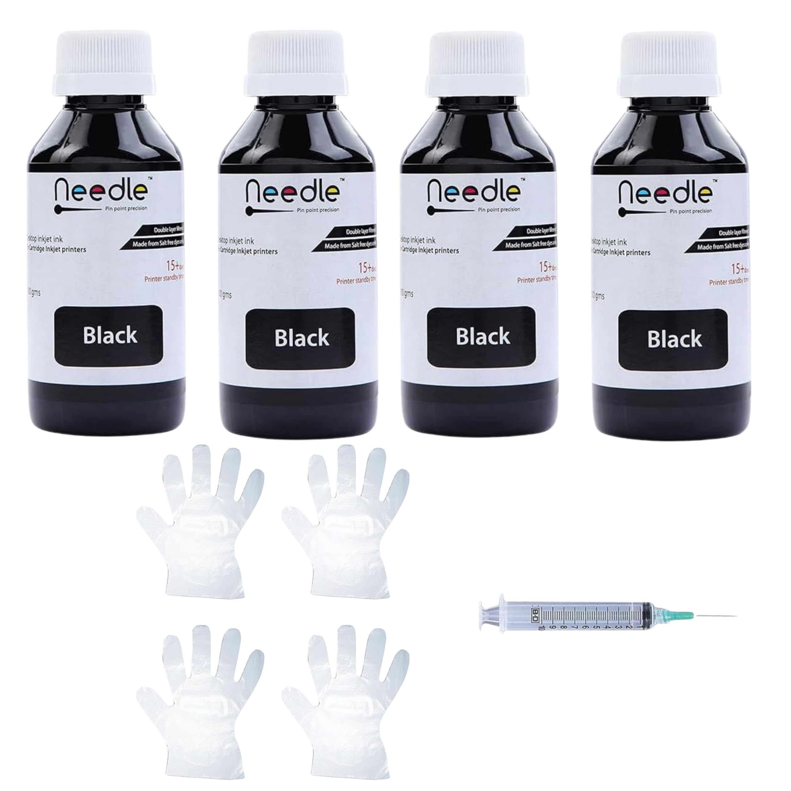 Needle Cartridge Refill Ink | Made in India | 4x100gms (Black) | Compatible with Inkjet Printers | Easy Ink Refilling Solution