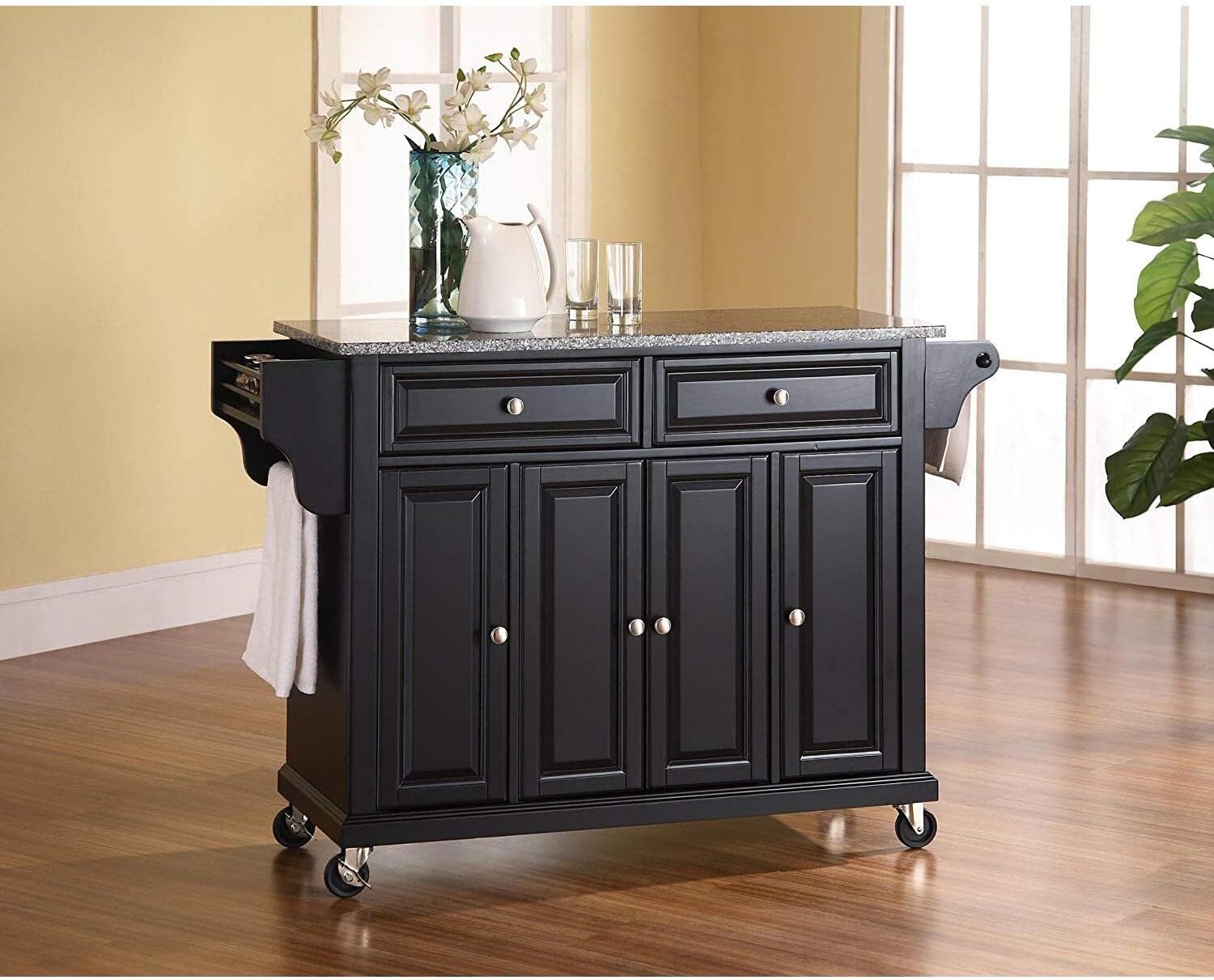 HomeStock Kitchen Cart with Stainless Steel Top & Shelves - Mobile Island Storage Black/Gray Granite Top