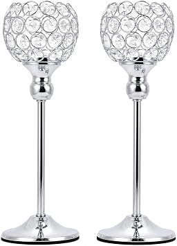 2 Pcs Silver Candle Holders, Crystal Tea Light Candlestick Holders, Ornaments for Living Room, Wedding, Fireplace, Dining Table, Anniversary Present, 13" Tall