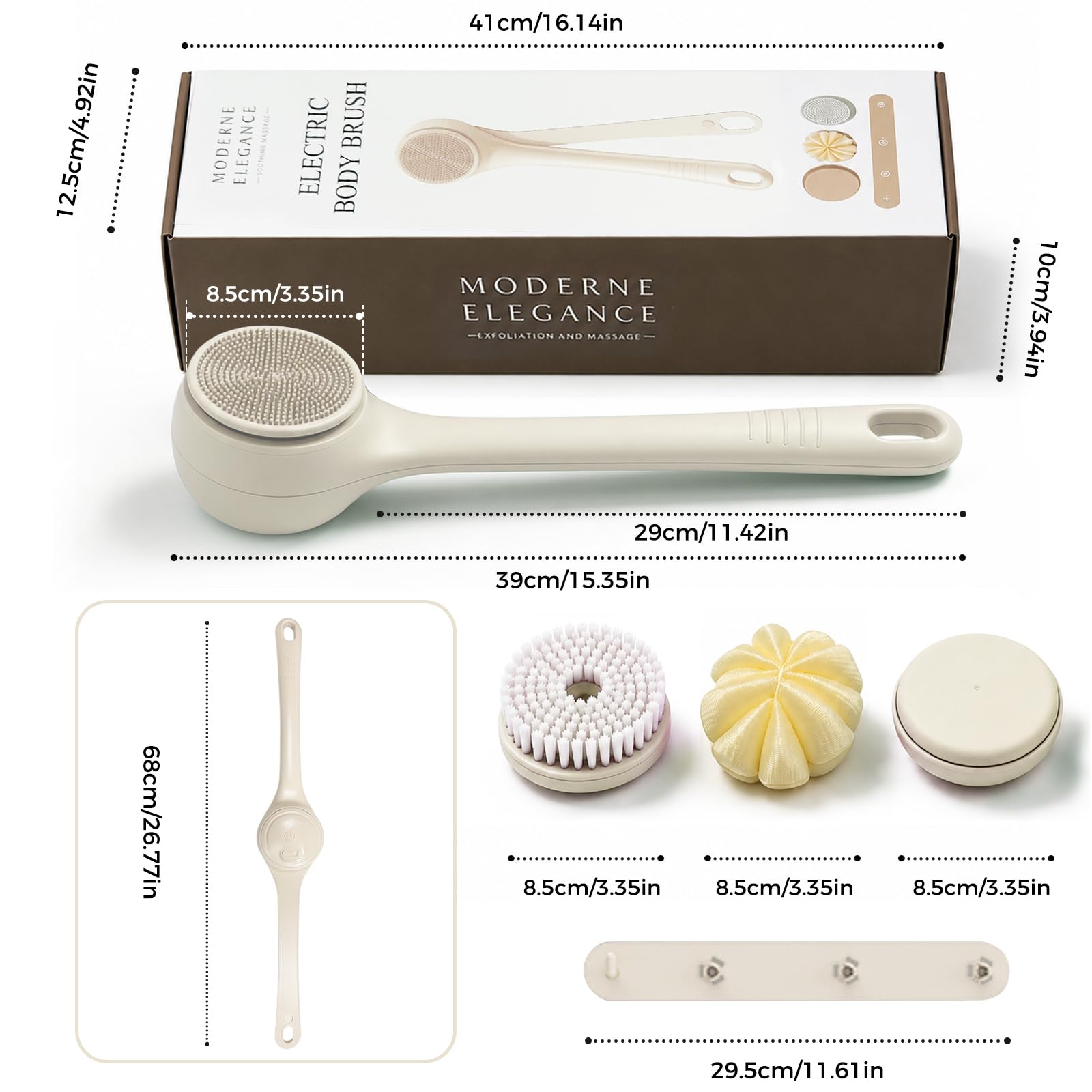 Elektrische Rückenbürste, Duschbürste mit 4 Reinigungsköpfen zum Eincremen Körperbürste für Women Men Senioren, IPX7, Doppelgriff mit 360-Grad-Drehung für Spa Exfoliating Massage (Milchkaffee)