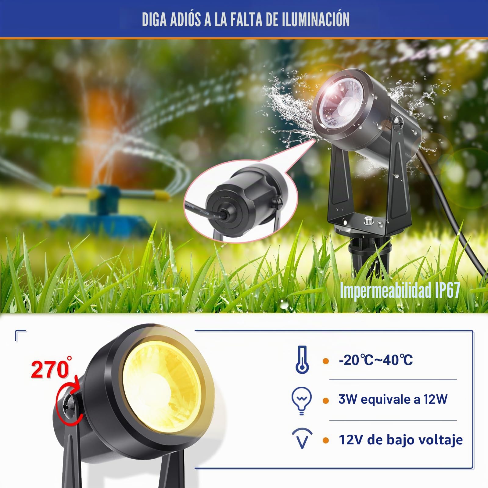 NIORSUN Foco LED, Foco de Jardín Blanco Cálido 3000K, Luces Exterior Jardin Impermeable IP67, Foco Exterior de Baja Tensión 29m 27V,Luz de Jardín Exterior Para Jardín, Patio, Árboles (Paquete de 8)