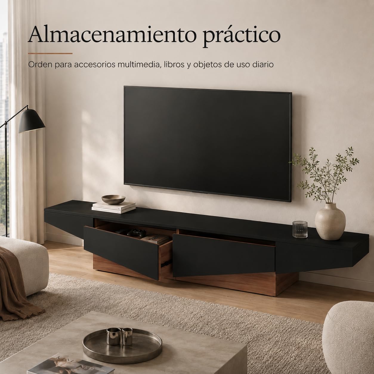 Mueble bajo para televisión Negro con Aspecto de Madera, Mesa de TV de 200 cm con cajones, Moderno Armario de TV con Espacio de Almacenamiento, Mueble bajo para Sala de Estar, Mueble