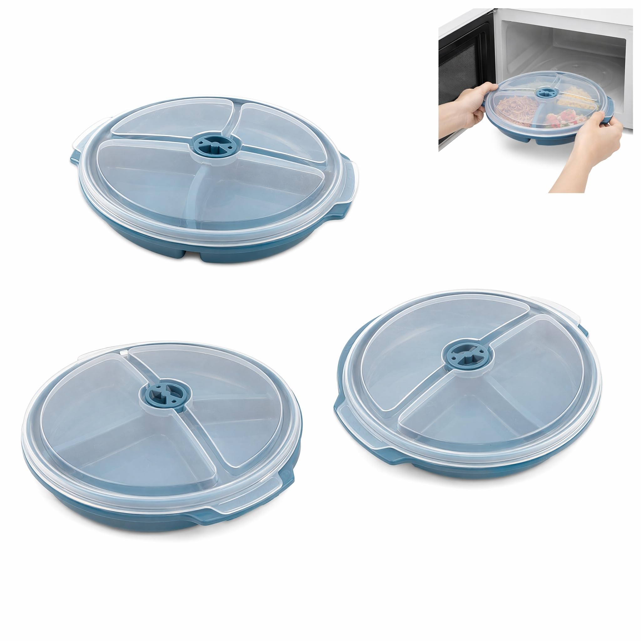 Microwave Dishes with Lids, 25 × 23 × 4cm 3 Pack Round Divided Plate