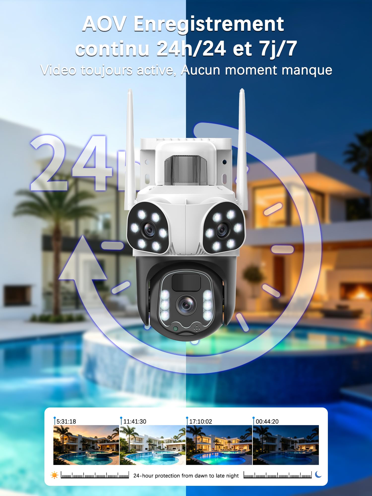 12MP Camera Surveillance WiFi Exterieure sans Fil,AOV 24/7,à triple objectif/Camera Solaire/Batterie,Suivi Automatique,360° PTZ Sécurité,Vision Vocturne,Audio Bidirectionnel,Alarme automatique,étanche