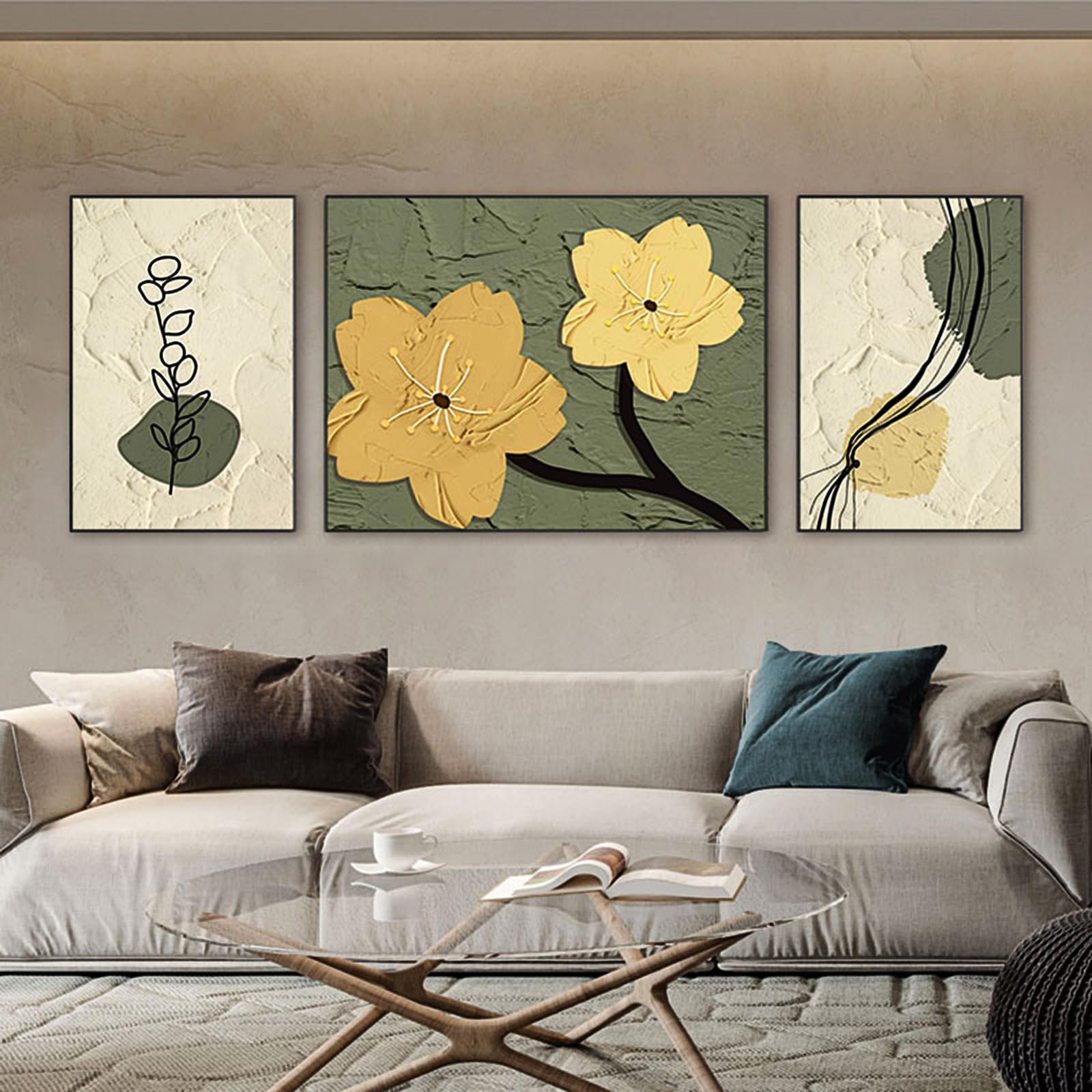 Framed Wall Art Set of 3 Plant Wall Decor Botanical Plant Wall Art Prints Minimalist Flower Market Wall Art for Living Room Bedroom 31.4 * 23.6in+15.7 * 23.6in H
