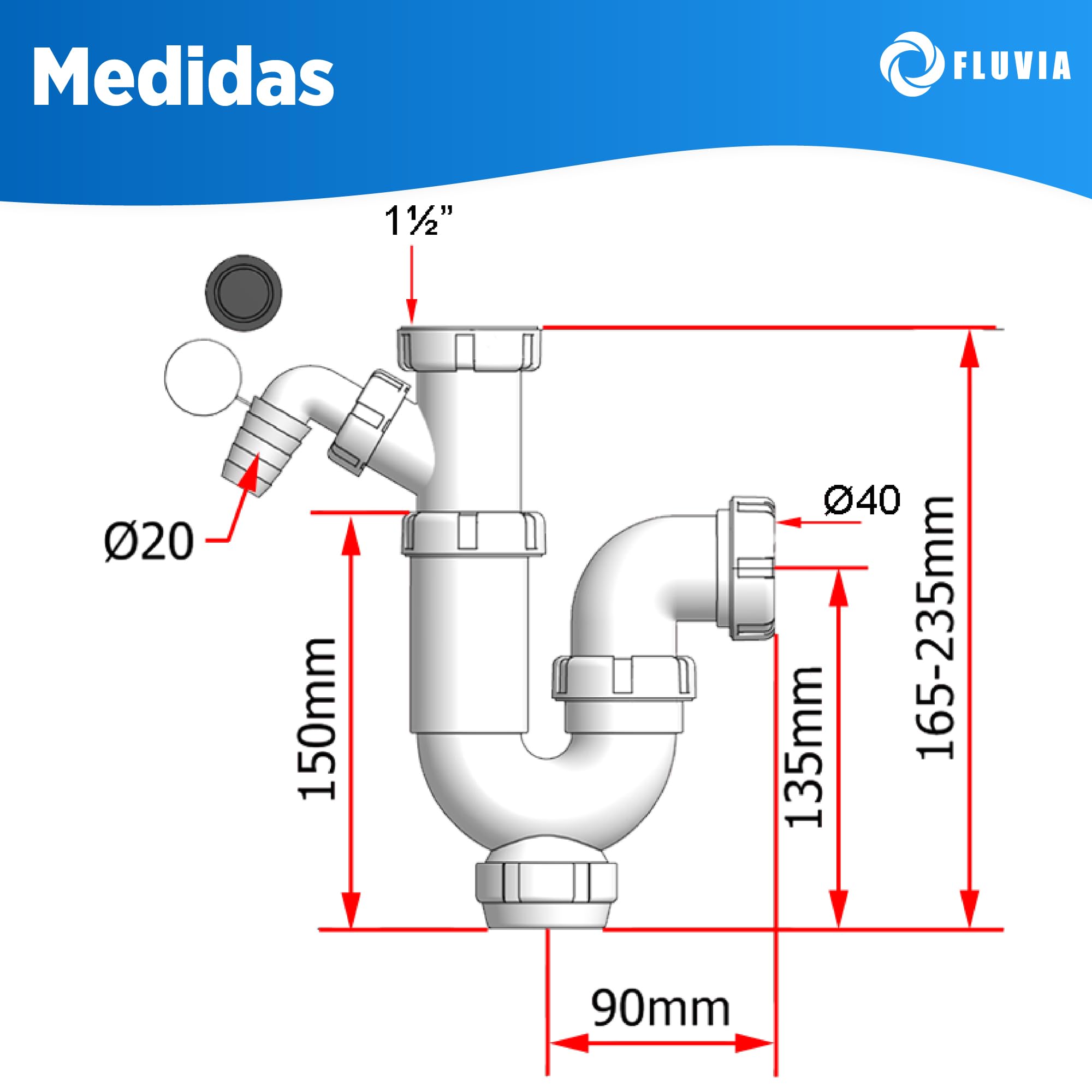 Sifon Curvo Extensible para Fregadero con Toma Lavadora y Lavavajillas de 20 mm con Racor 1 1/2 y Salida 40 mm con Reduccion 32 mm Ajustable 27 5 a 33 cm Antiolor Antifugas Polipropileno FLUVIA