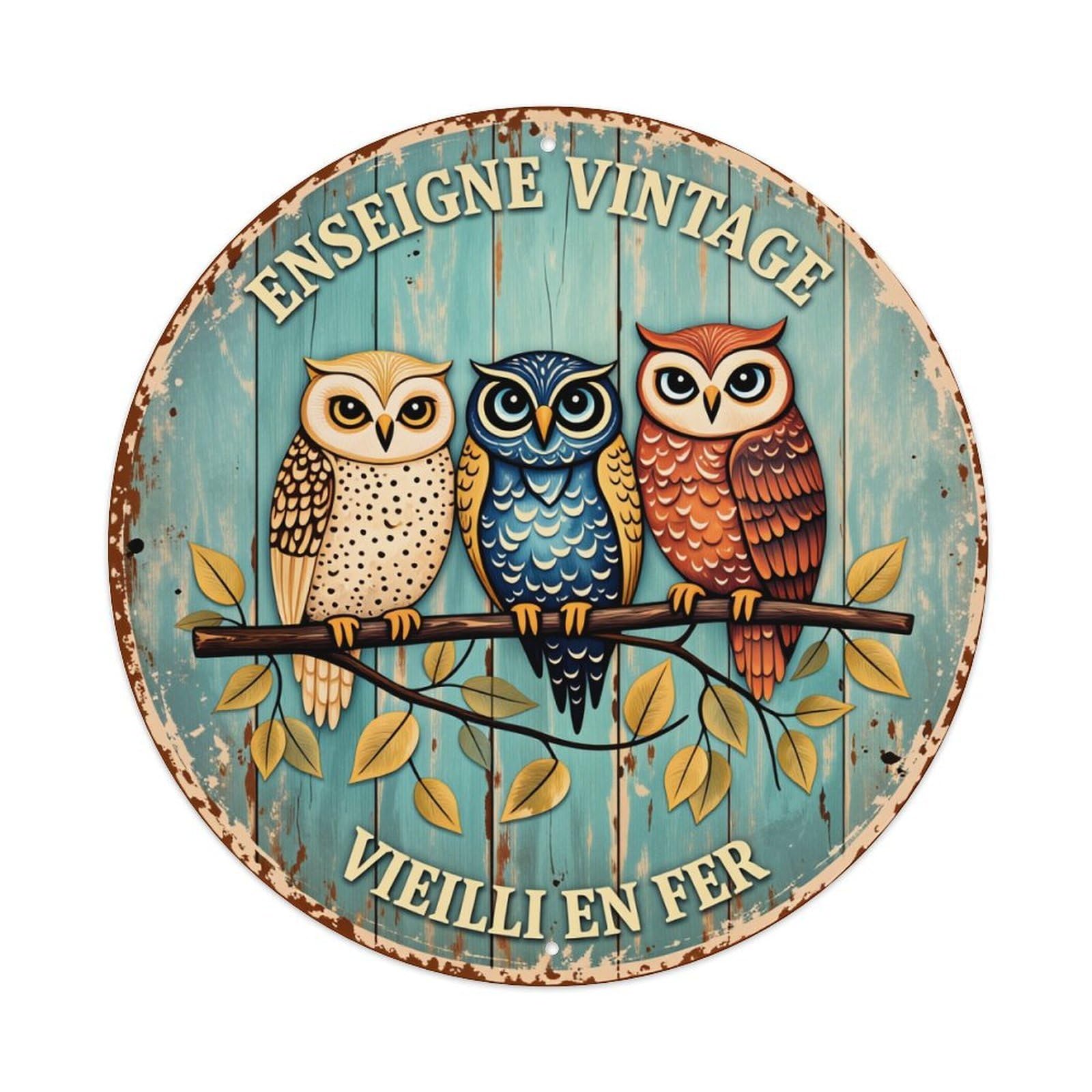 Owl Wood Branch Leaves Vintage Round Tin Sign Vintage Style Metal Sign Home Bar Garden Wall Plaque Decor Metal Poster 8x8 Inch