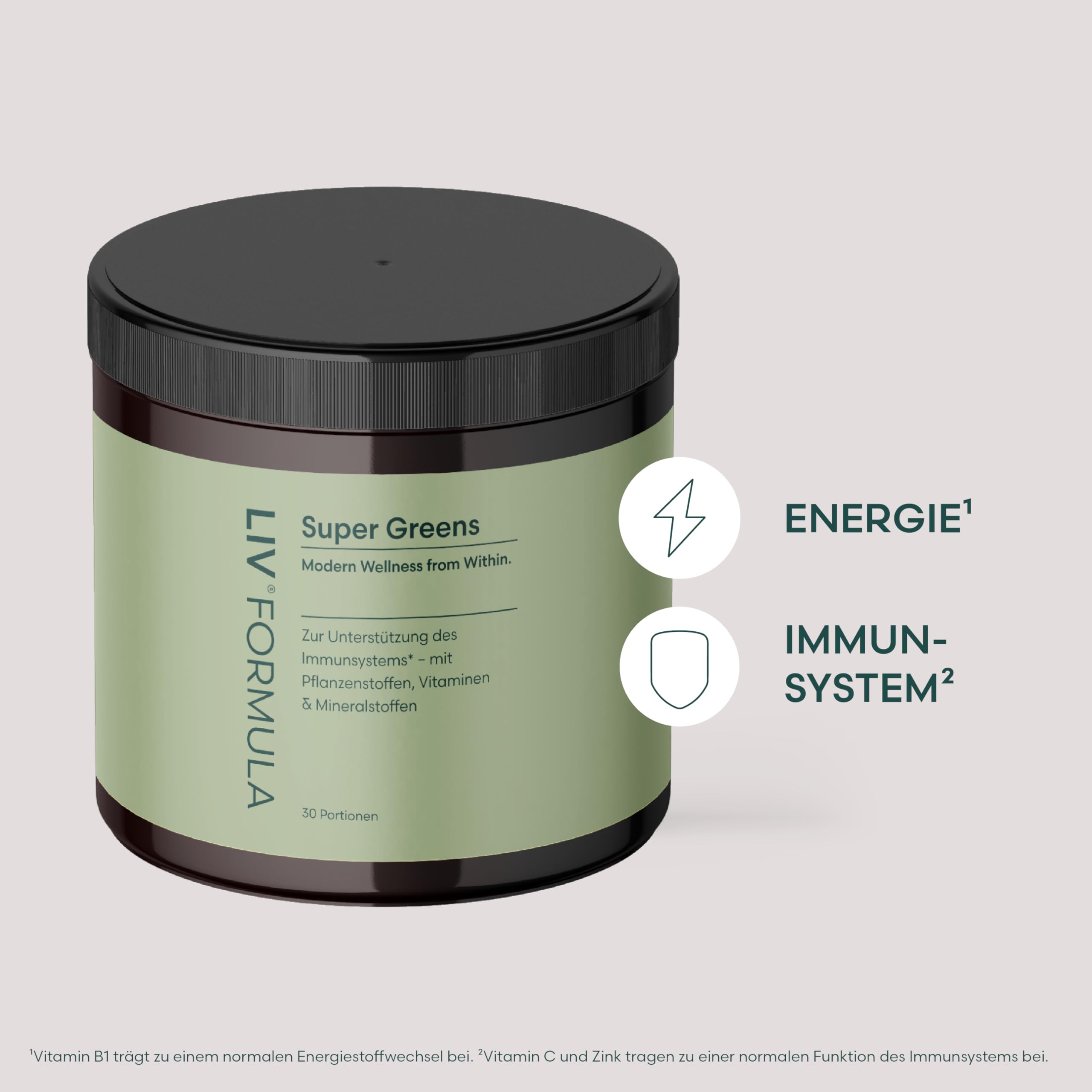 LIV Super Greens Pulver | 30 Pflanzenstoffe | Nährstoff-Basis für deinen Alltag | Ohne Zucker, Süßstoffe oder Apfelsaftpulver | Frisch-minziger Geschmack