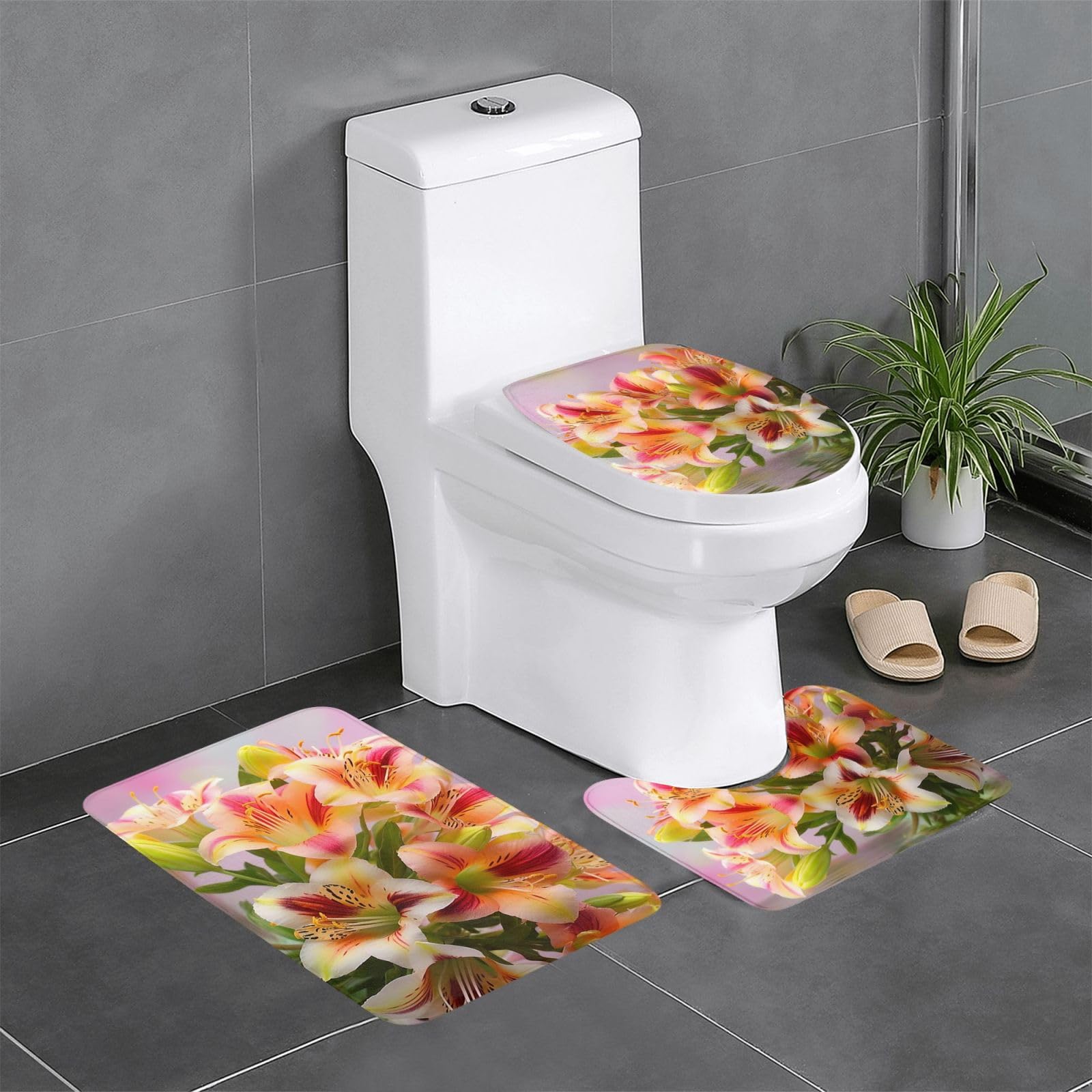 Tapis de bain Alstroemeria lot de 3 avec contour WC en U antidérapant