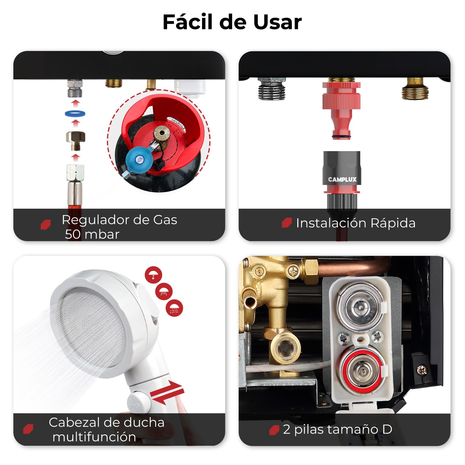 CAMPLUX Calentador de Agua de Gas con Bomba de Agua y Filtro, 10 Litros, GLP, 50mbar, 20kW, BW264BCP120-DE