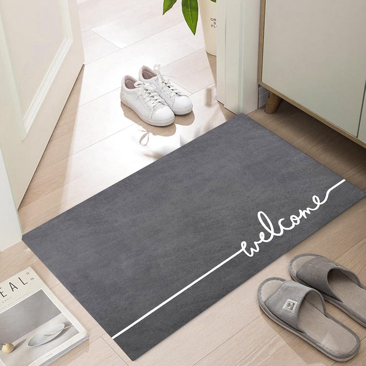 Welcome Mat Indoor, Ultra Thin Door Mat, 1/10 in Thin Door Mats for Inside Entry, Non-Slip Rubber Backing, Washable Doormat, Fade Resistant, Absorbent, Low Profile Dirt Trapper, 35"X24",Grey Welcome 2' x 2'10" (Rectangular)