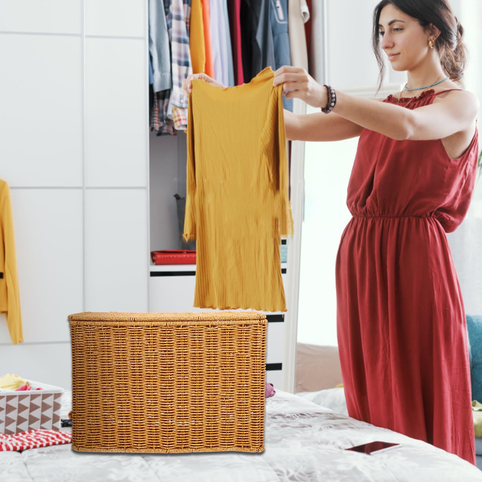 Panier Tressé De Rangement Avec Couvercle Et Poignée 15 Pouces Organisateur Multifonction Pour La Maison Conteneur Pour Jouets Magazines Et Cuisine Léger Et Portable