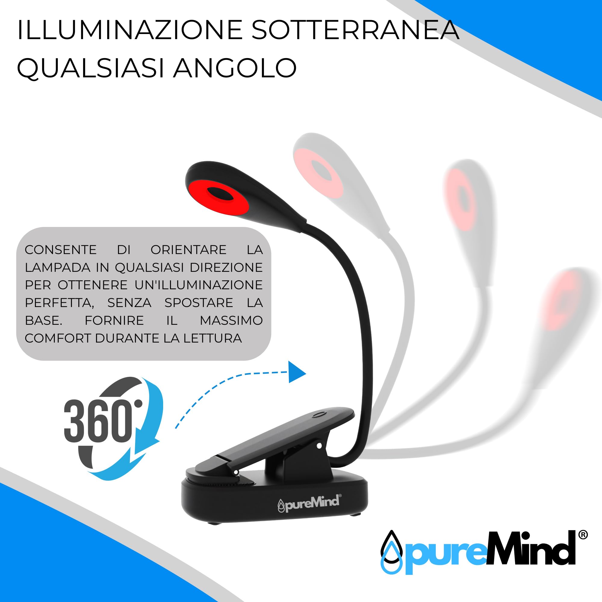 Puremind Lampada Lettura Luce Rossa con Pinza USB Ricaricabile - Senza Luce Blu + Flicker Free - Collo Flessibile 360º + 3 Intensità - Lettura Notturna a Letto + Relax + Studio