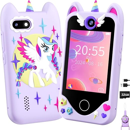 Kids Smart Phone for Girls Gifts - Toddler Christmas Birthday Gift for Age 3 4 5 6 Year Old, Kids Cell Phone Toy with Touchscreen, Dual Cameras, Learning, Kid Mp3 Player, Games with 32 GB Card