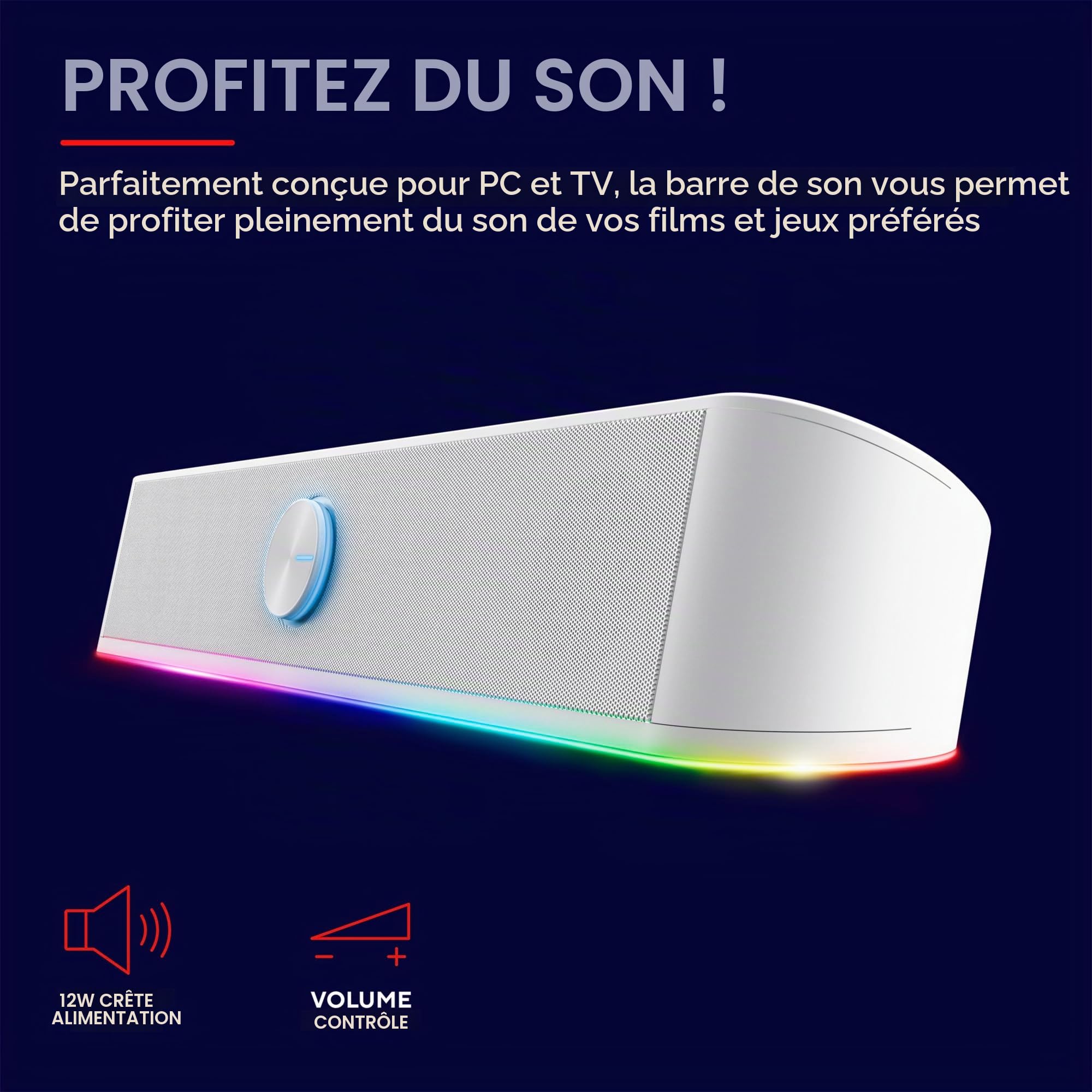 Trust Gaming GXT 619W Thorne Barre de Son RGB 12W, Enceintes Stéréo 2.0, Haut Parleur Compact avec Éclairage LED, Aux 3.5mm, Alimentation USB, Enceinte PC Gamer, Ordinateur Portable - Blanc