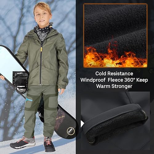 Miniatura 3 de linlon Kids Boy's Snow Waterproof Pants Youth Fleece Lind Hiking Softshell Warm Insulated Trousers