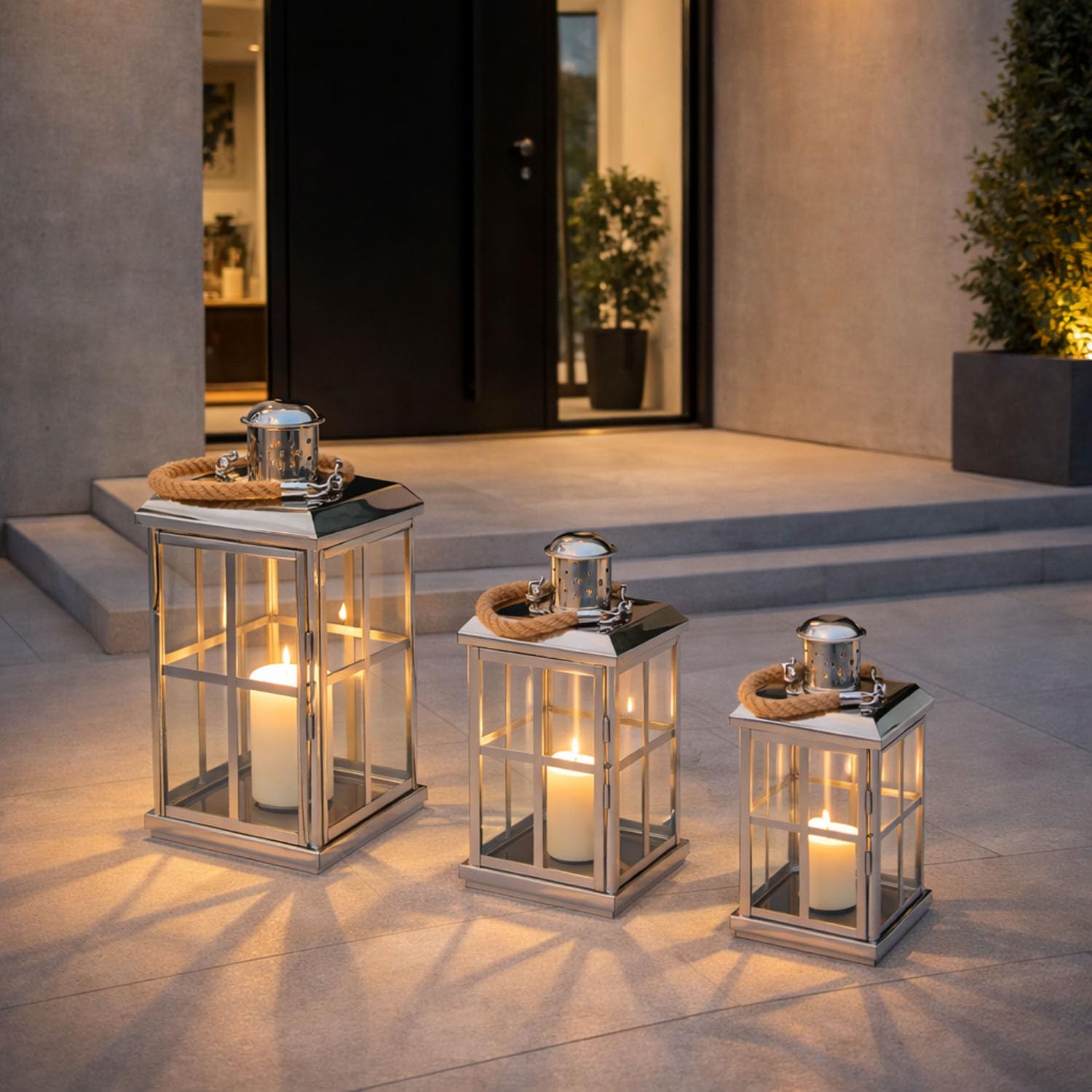 Mojawo 3er Set XL Gartenlaterne Edelstahl Glas Windlicht Kerzenhalter Laternen mit Seilgriff H27/39/52m