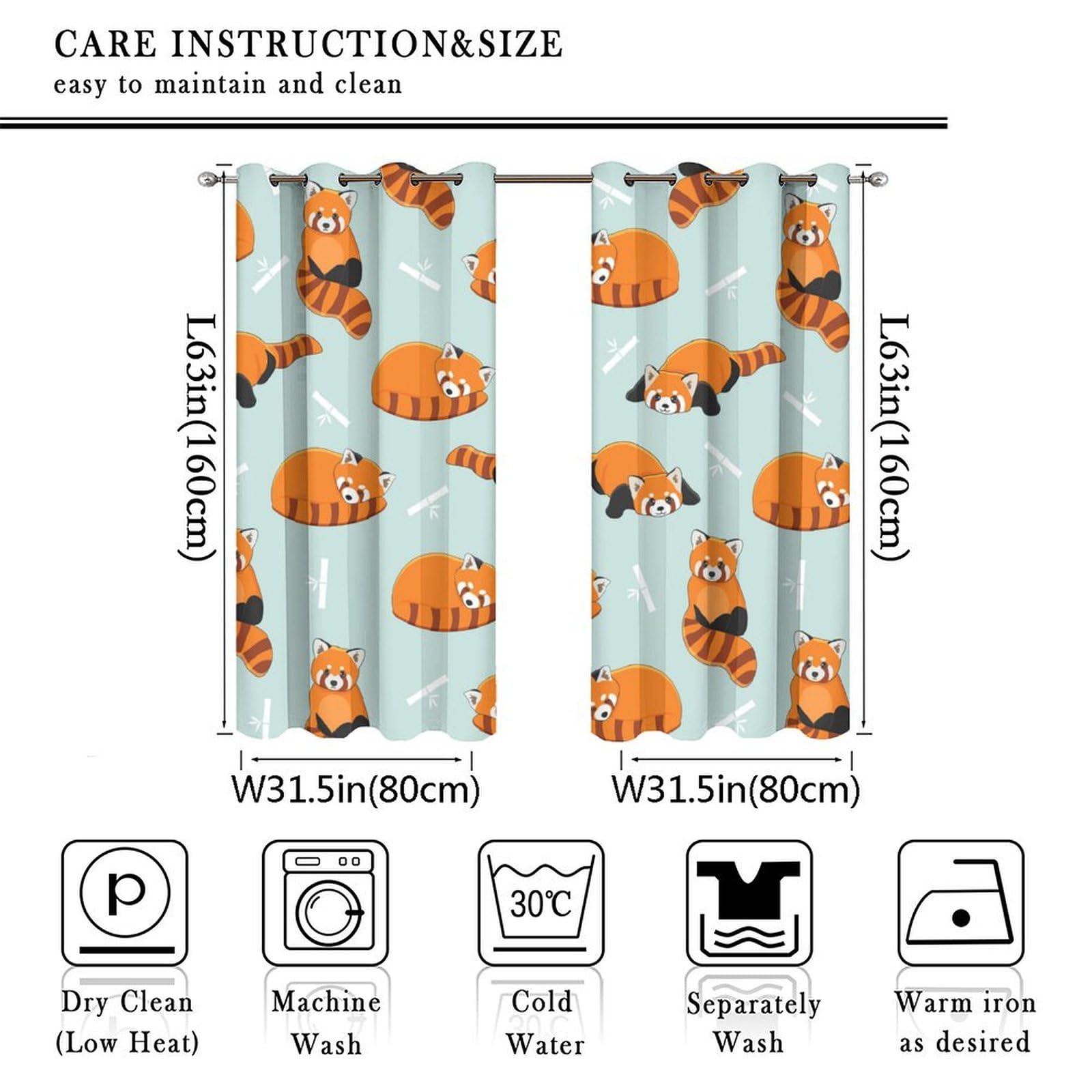 Cartoon Wildlife Red Panda Curtains Watercolor Cute Forest Animals Bear Panda Thermal Insulated Darkening Noise Reduction for Living Room Grommet Window Treatment 2 Panels 63