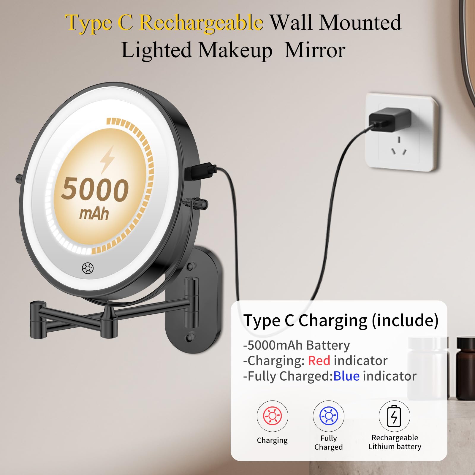 FUNTOUCH 5000mAh Wiederaufladbar Kosmetikspiegel mit Beleuchtetung3X/30X | Spiegel Vergrößerung Wandmontage, Rasierspiegel mit 3 Lichtfarben, 360° Drehbar für Badezimmer