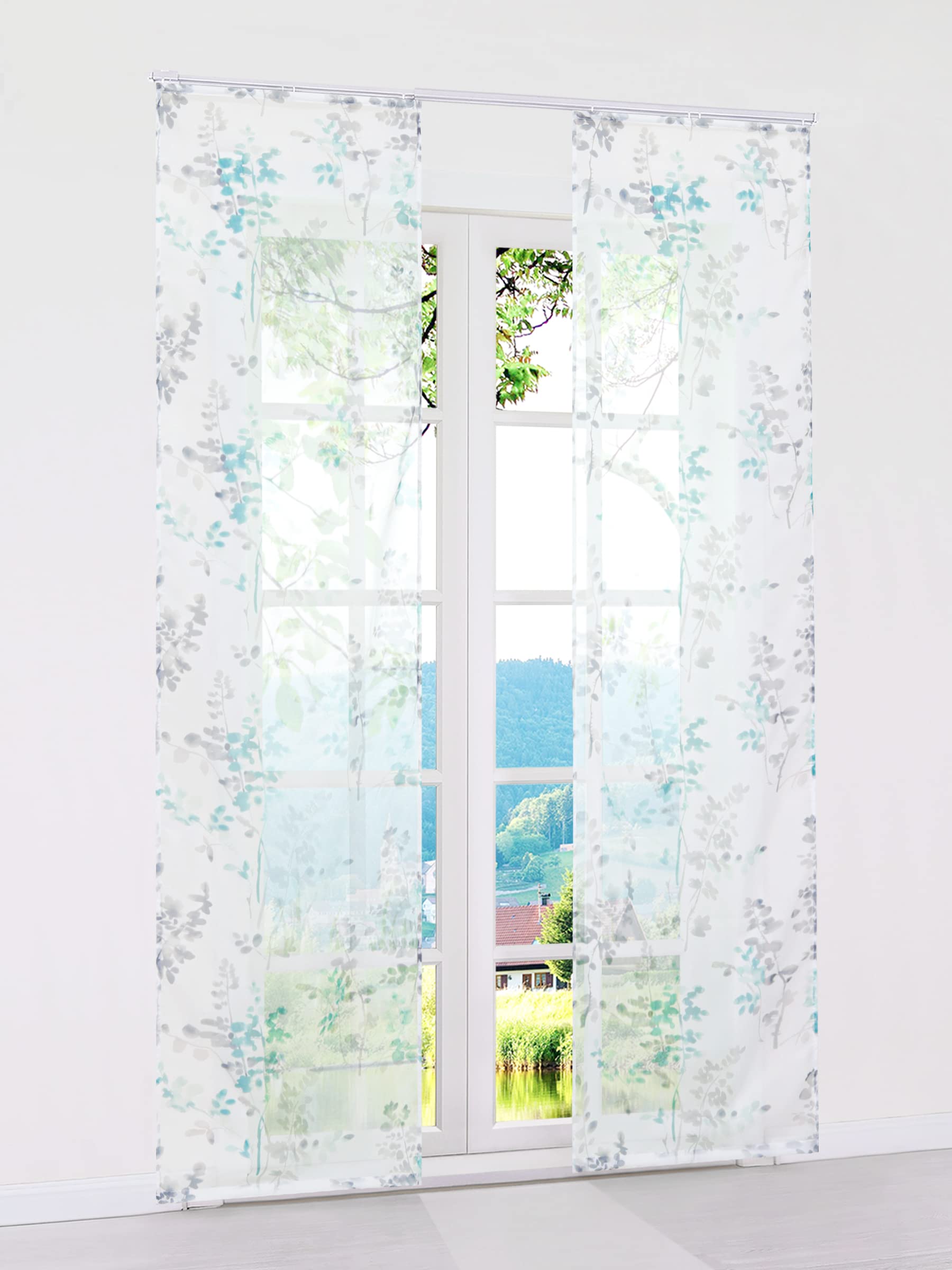 ESLIR Schiebegardinen Voile Flächenvorhänge Set 2er Gardinen mit Klettband Schiebevorhang Transparent Vorhang mit Blätter Muster Grün BxH 57x245cm 2 Stück