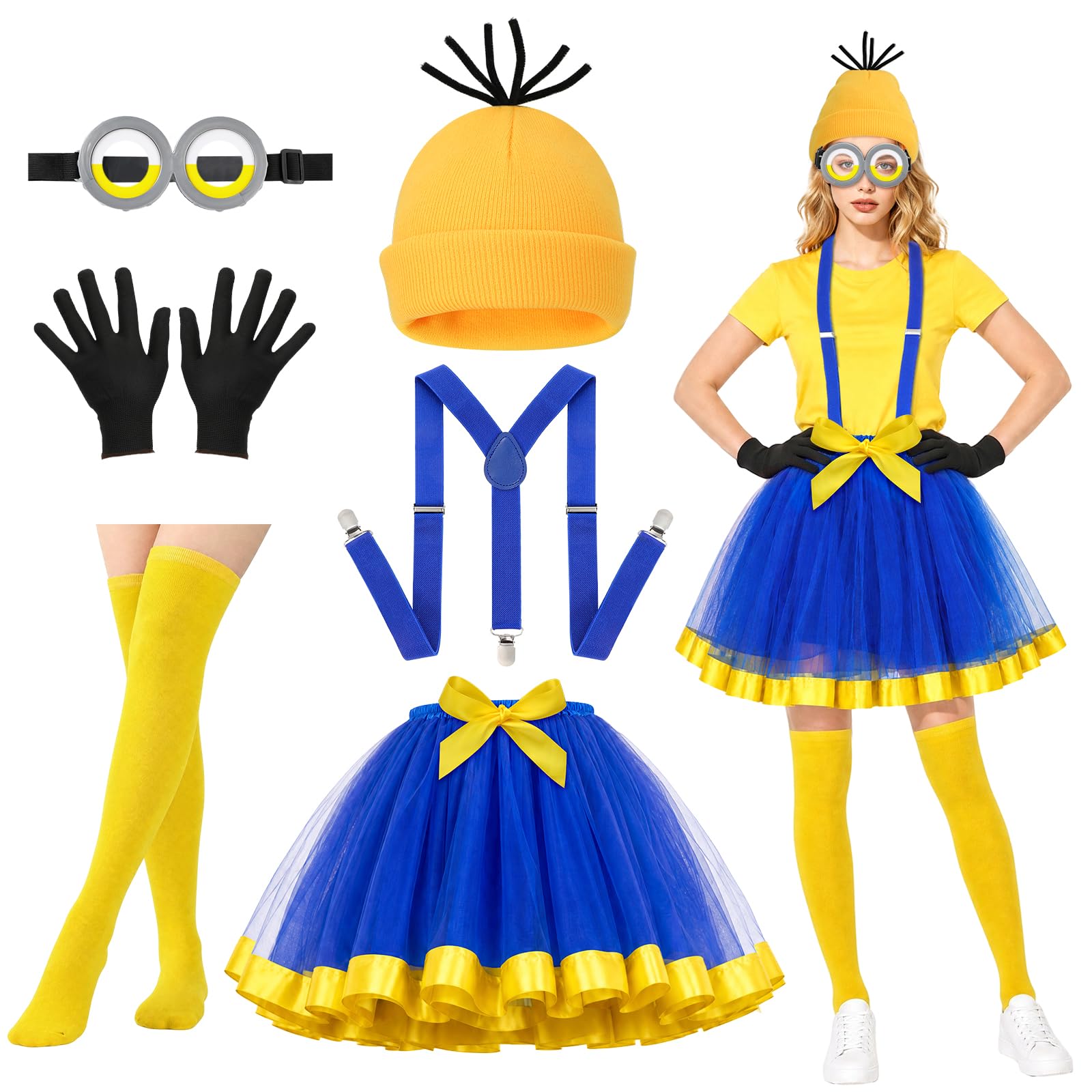 6PCS Yellow Fancy Dress Costumes Accessories Adults, Big Eyes Steampunk Goggles Yellow Beanie Hat Black Gloves Suspenders Tutu Skirt Stocking, Halloween Carnival World Book Day Costumes Party Cosplay