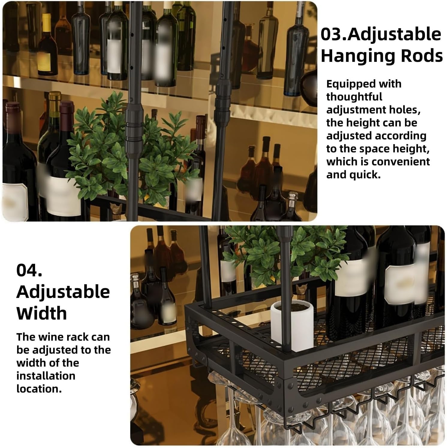 Adjustable Metal Hanging Wine Rack with Glass Holder - Industrial Ceiling Wine Bottle Storage for Home, Kitchen, Coffee Shop - Black, 23.6x13.8in