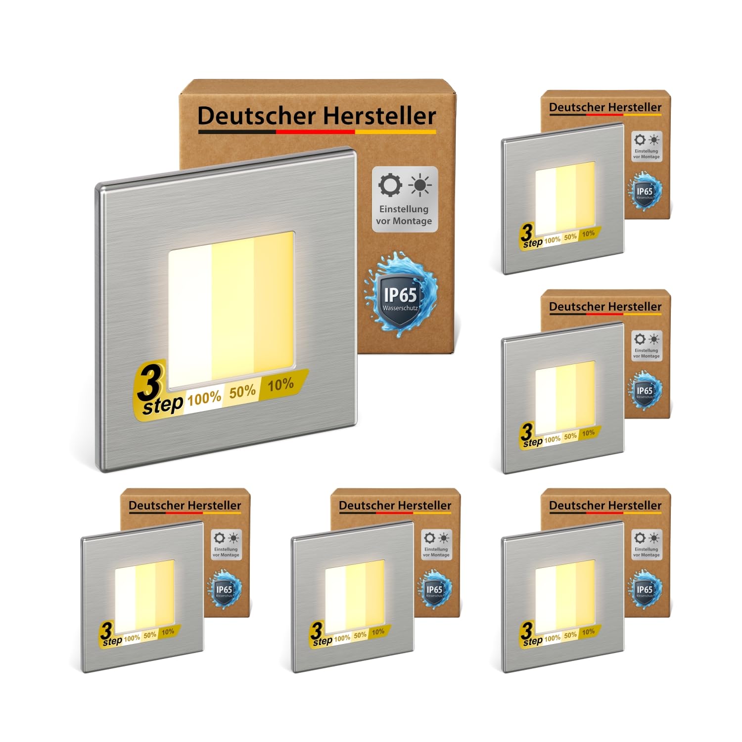 ledscom.de 6x LED Treppenlicht/Wandeinbauleuchte FEMA für innen und außen, eckig, edelstahl, 80 x 80mm, warmweiß