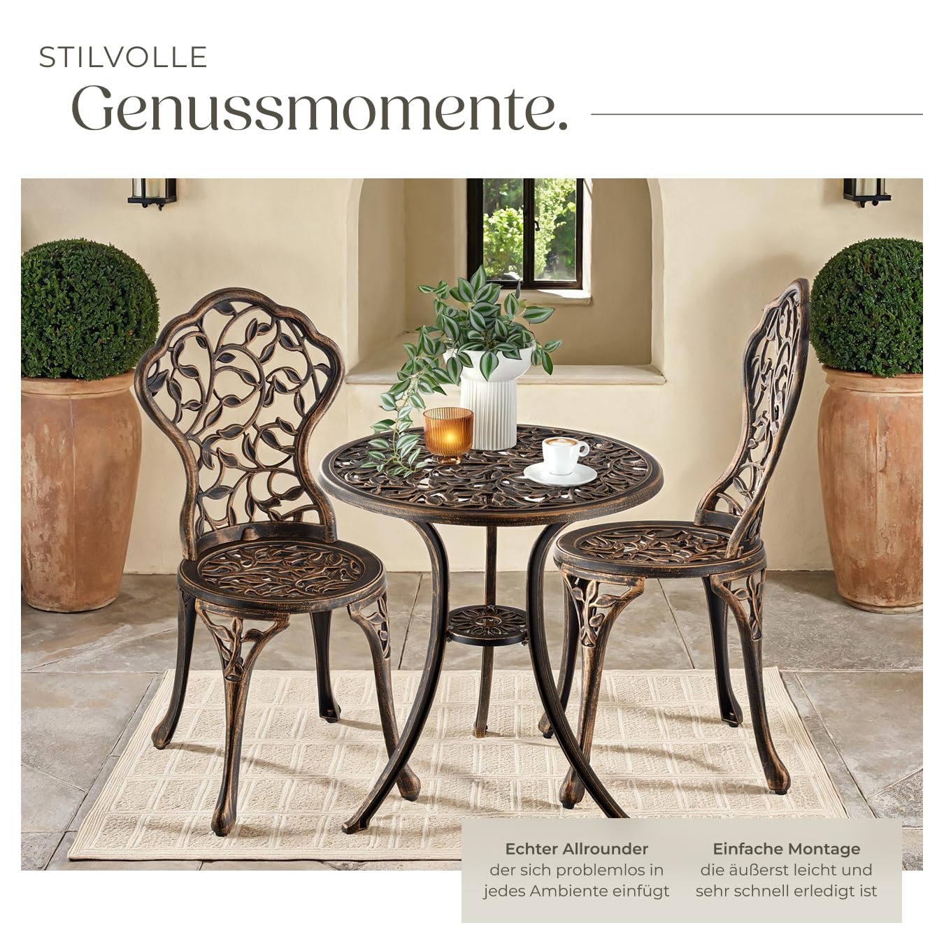 tectake® Aluminium Metall Bistroset Gartenmöbel Set, Bistro Set 1x Balkontisch Beistelltisch Outdoor und 2X Gartenstuhl, Terrassenmöbel, Balkonmöbel Kleiner Balkon, Wintergarten, Gartendeko Vintage
