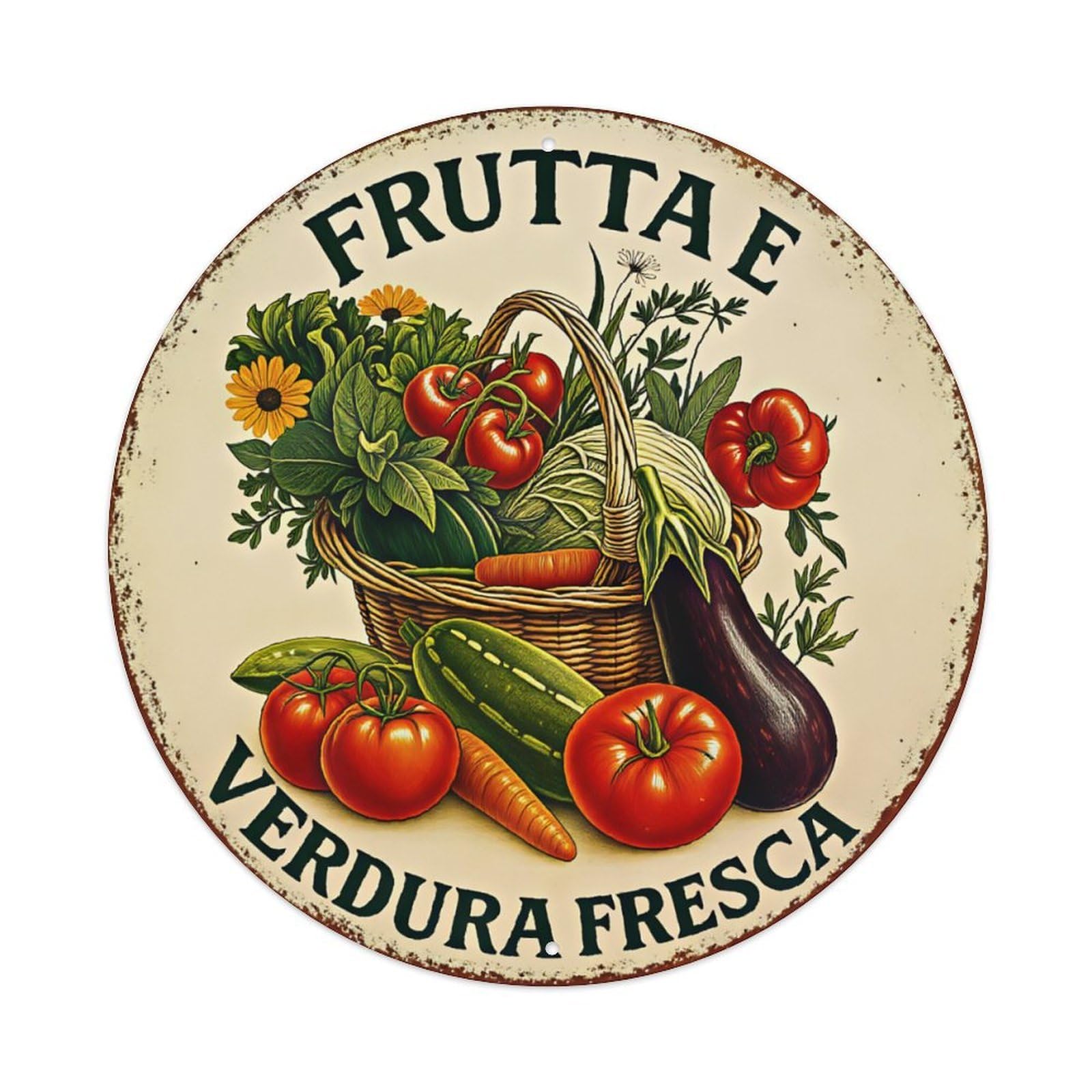 Ldfuieksufg Style Round Vintage Fresh Fruit Vegetable Decor Wall Plaque Vintage Aluminium Metal Sign, Retro Wall Decor For Home, Bar, Garage & Farmhouse 20X20cm