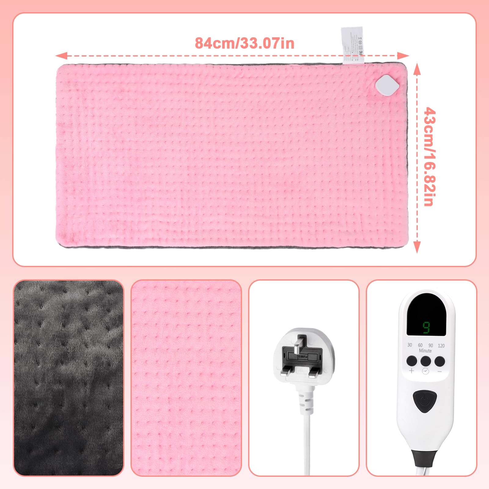 Longzhuo Cuscinetti termici per alleviare il dolore alla schiena, cuscinetto riscaldante elettrico 9, temperatura e timer 2H in flanella (rosa + grigio, 43 x 84 cm)