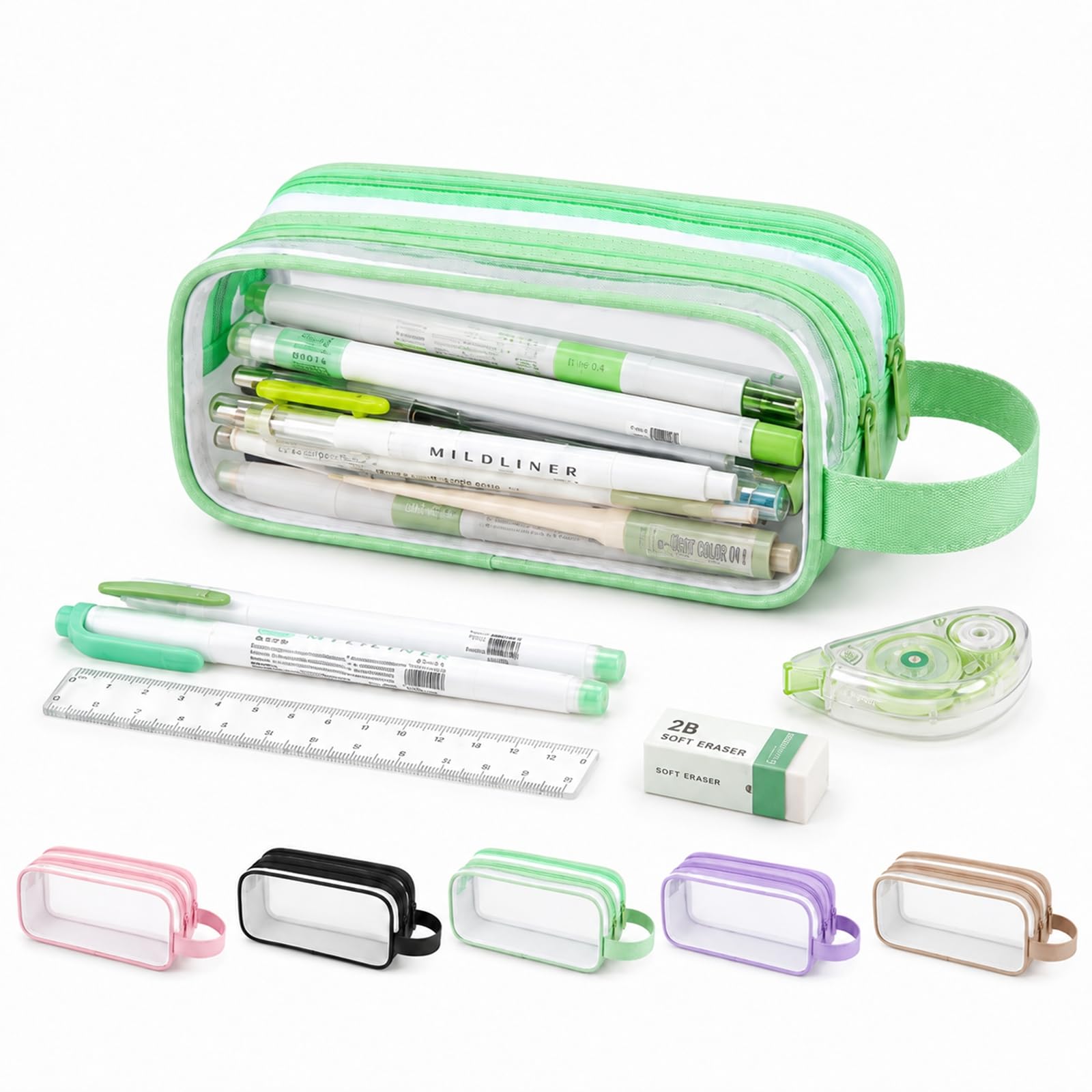 Large Clear Mesh Pencil Case, 2 Compartments, Mint Green, Carry Strap