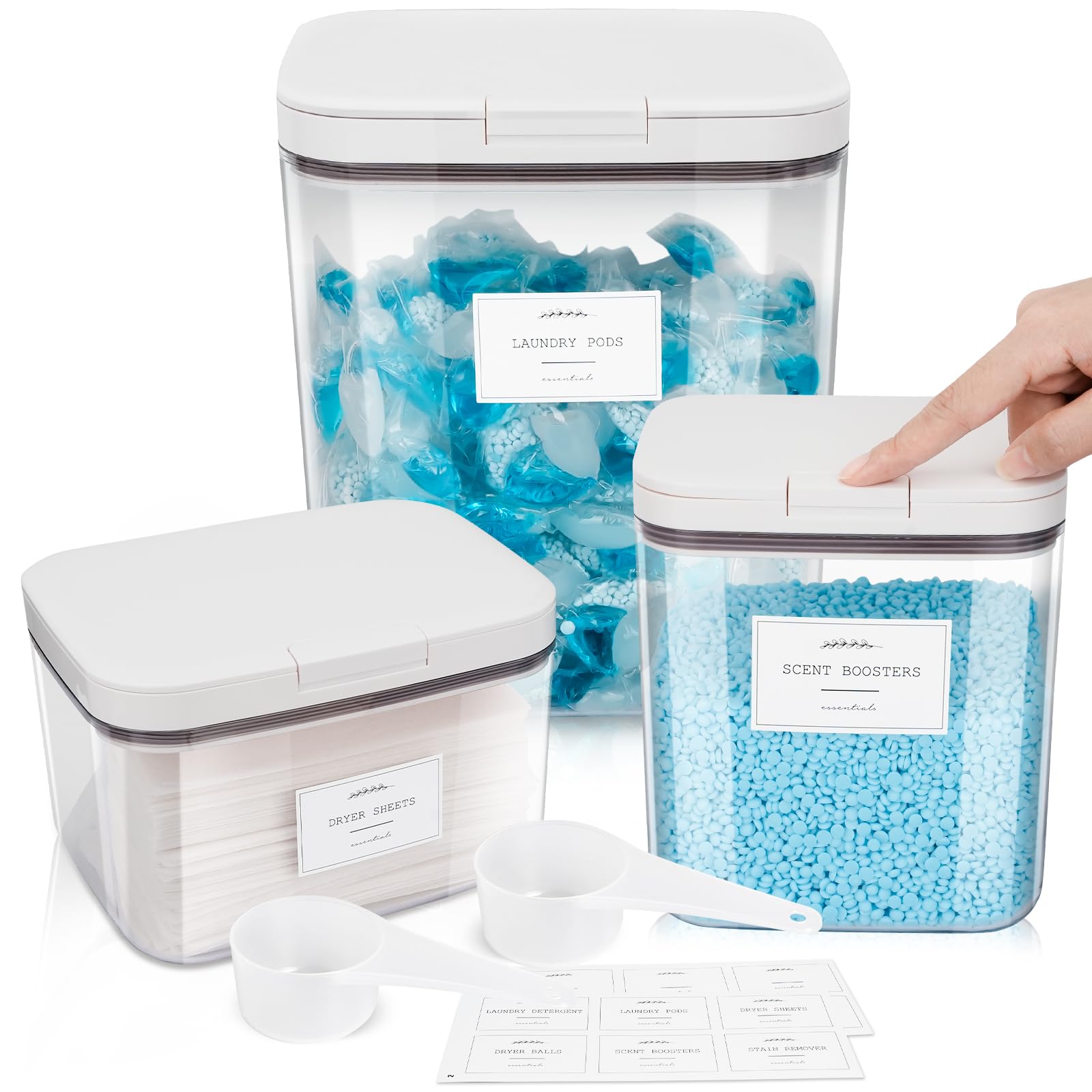 3 Pack Laundry Powder Containers & Dryer Sheet Holder with Lids & Labels - Airtight Laundry Room Organization and Storage Jars for Pods, Scent Beads, Balls, Detergent