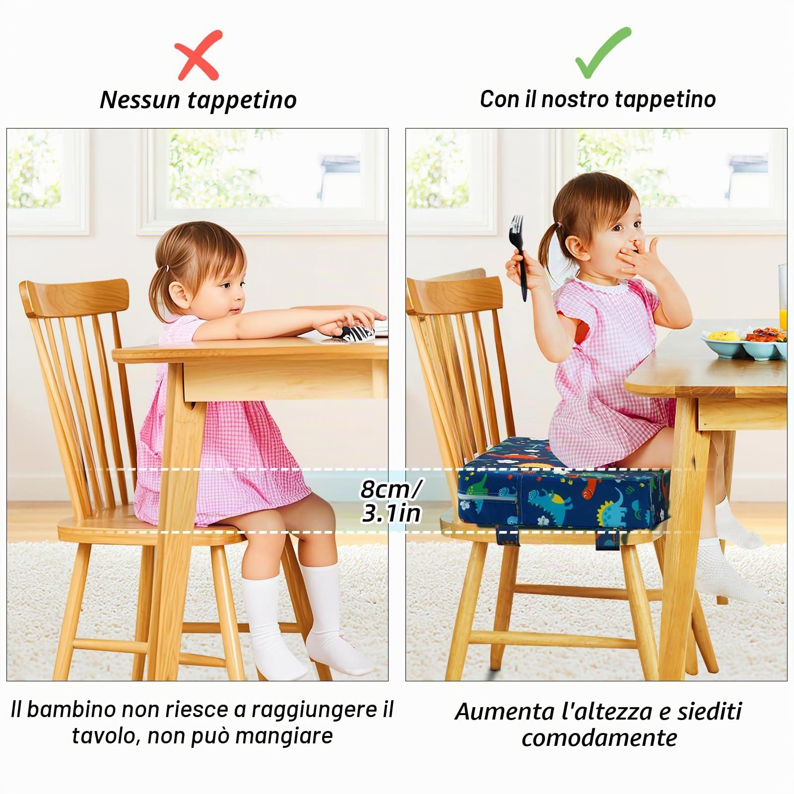 Zicac Rialzo Sedia per Bambini Portatile con Cinghie Regolabili e Lavabile Alza Sedia per Seggioloni Cuscino Seduta
