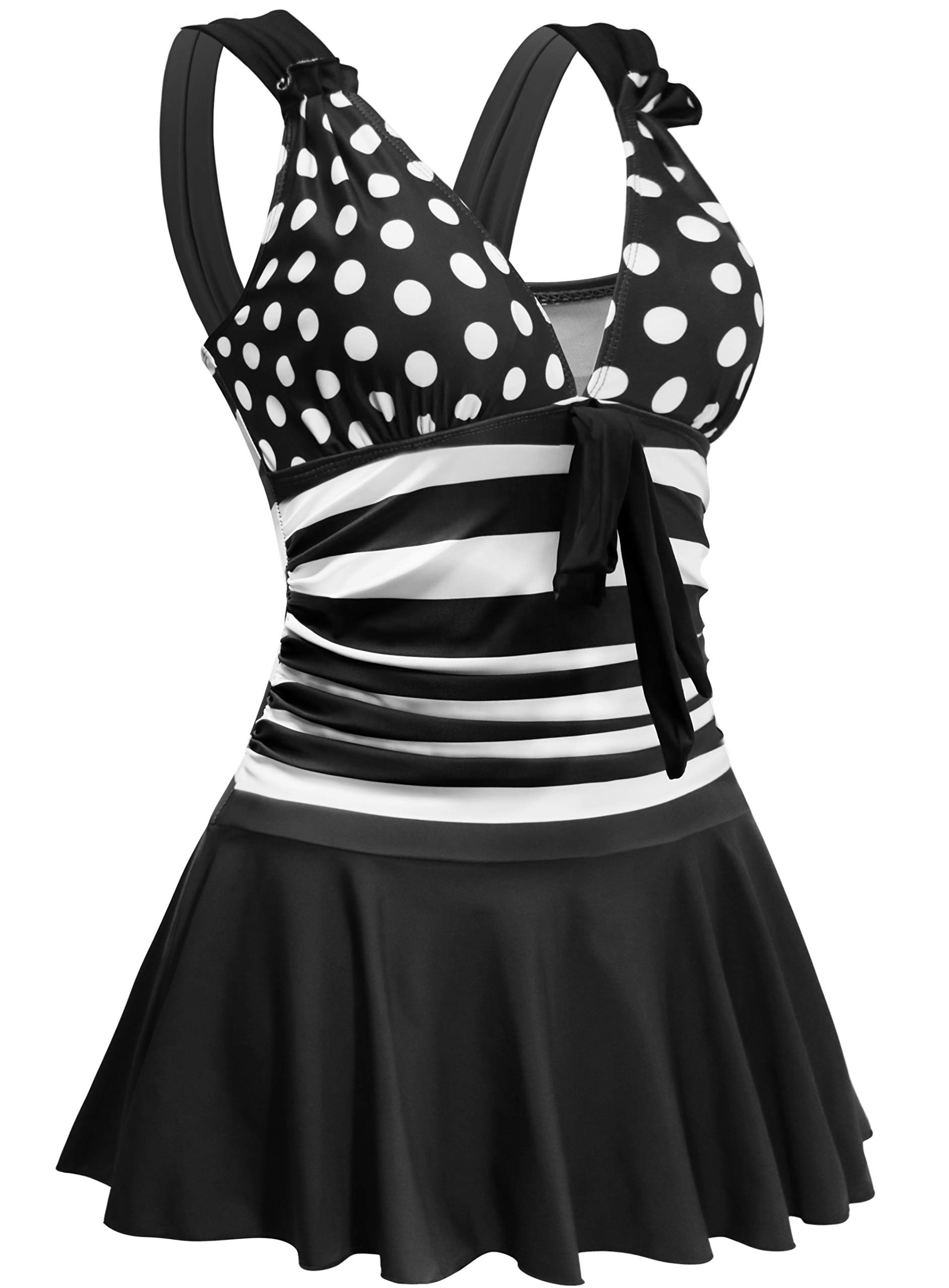 AONTUS Plus Size Swimwear for Curvy Women Tummy Control One Piece Swimsuit 8-10 Black-White Stripes