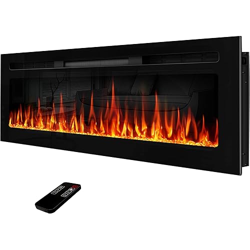60" Electric Fireplace Inserts, Wall Mounted or Recessed Inserts, Mirrored Led Fireplace Heater with Remote Control, Timer, Adjustable Flame Color, 750/1500W, Black