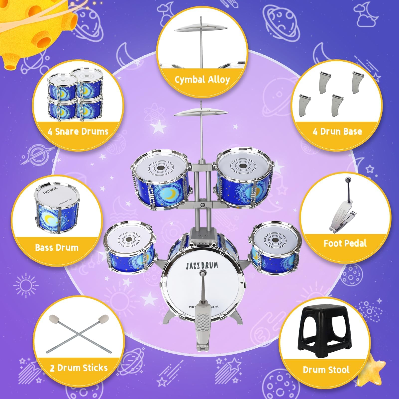 Kinder Schlagzeug Spielzeug von 3-7 Jahre - Kinderspielzeug Schlagwerk Drumset mit Hocker Musikspielzeug Weihnachten Geburtstag Geschenk für Kleinkinder Jungen Mädchen, Blau | Pädagogisches Musikinstrument für Anfänger, Geschenk für Kinder Mädchen Geburts