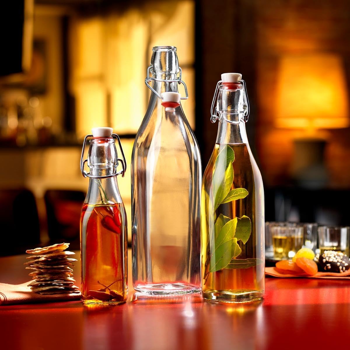 Set 3 Bottiglie Swing in Vetro Trasparente 1 Litro con Chiusura Ermetica a Leva Tappo Meccanico Ideali per Olio Aceto Liquori Succhi e Conserve Fatte in Casa