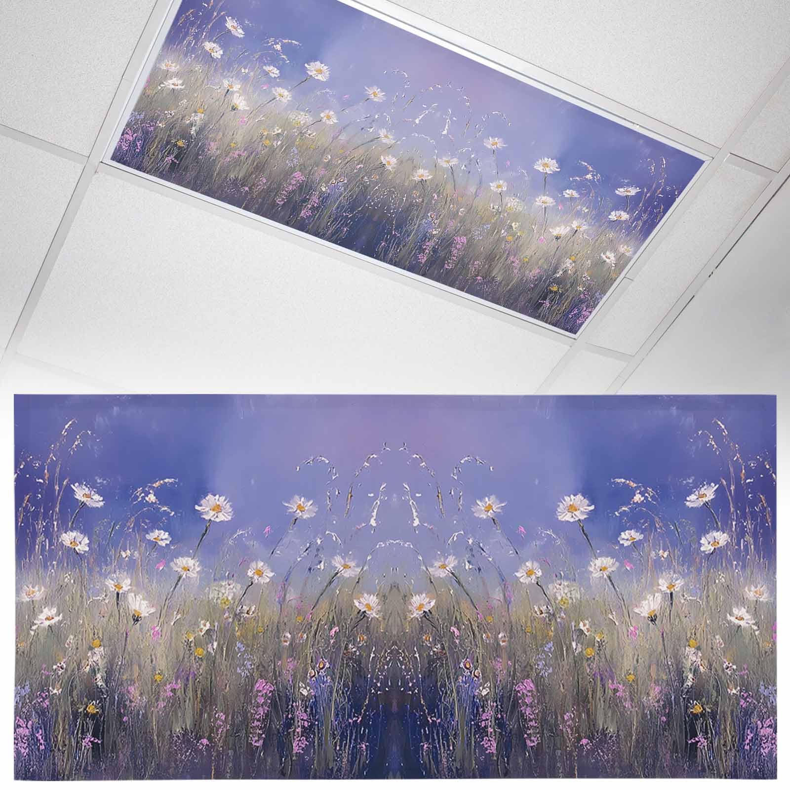 Wowouhiya 1 Pack Fluorescent Light Cover for Ceiling Lights, Spring Floral Magnetic Classroom Light Filters 4x2 Feet, Pastoral Flowers Oil Painting Modern Art Purple Decorative Ceiling Shade Panel