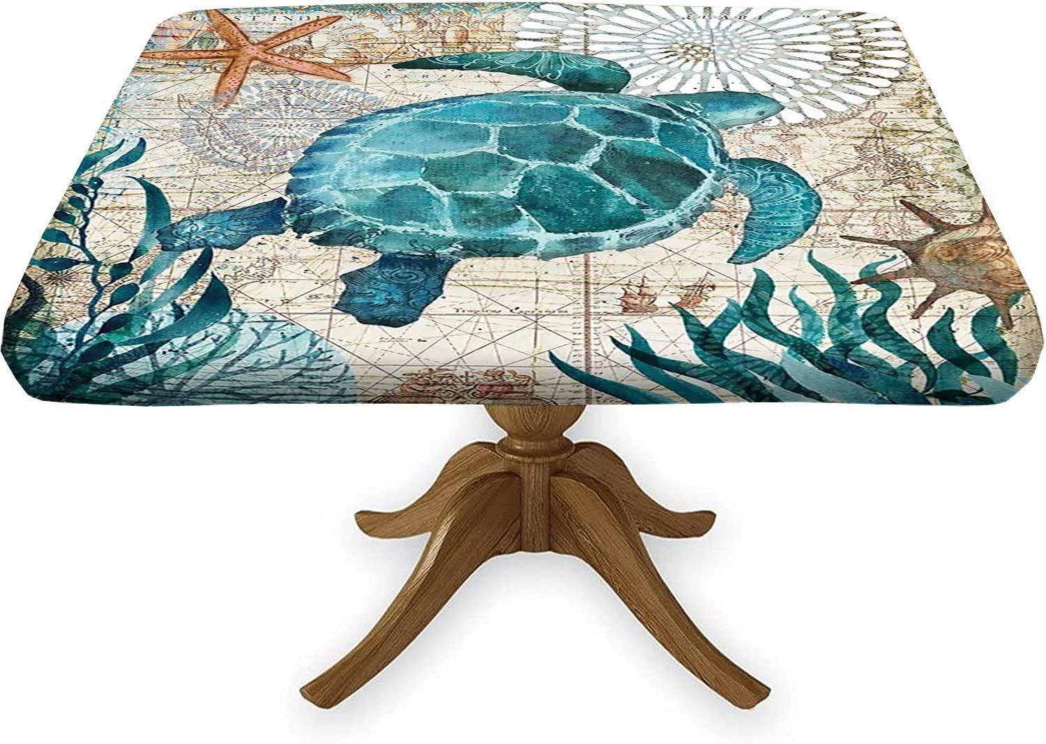 Sea Turtle Elastic Edge Fitted Square Tablecloth, Teal Seaweed Conch Starfish Wipeable Polyester Table Cloth, Great for Outdoor Home Kitchen/Parties/