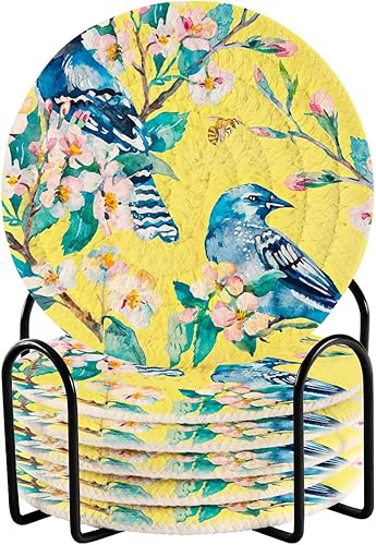 Blue Jay on Flowering Branch Honeybee Drink Coasters Drink Coasters for Home and Holder Set of 6 Coasters