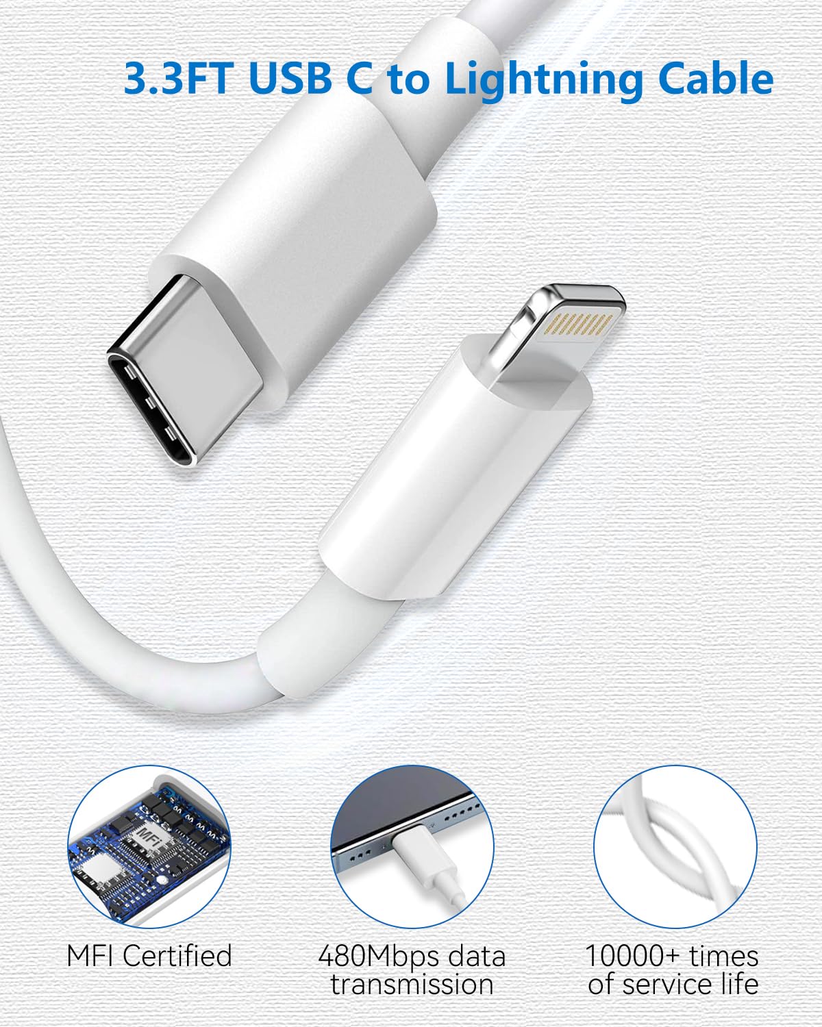 Câble USB C vers Lightning MFi Charge Rapide pour iPhone 14 Pro Max/13/12 Mini/11/XS/XR/8/SE/iPad