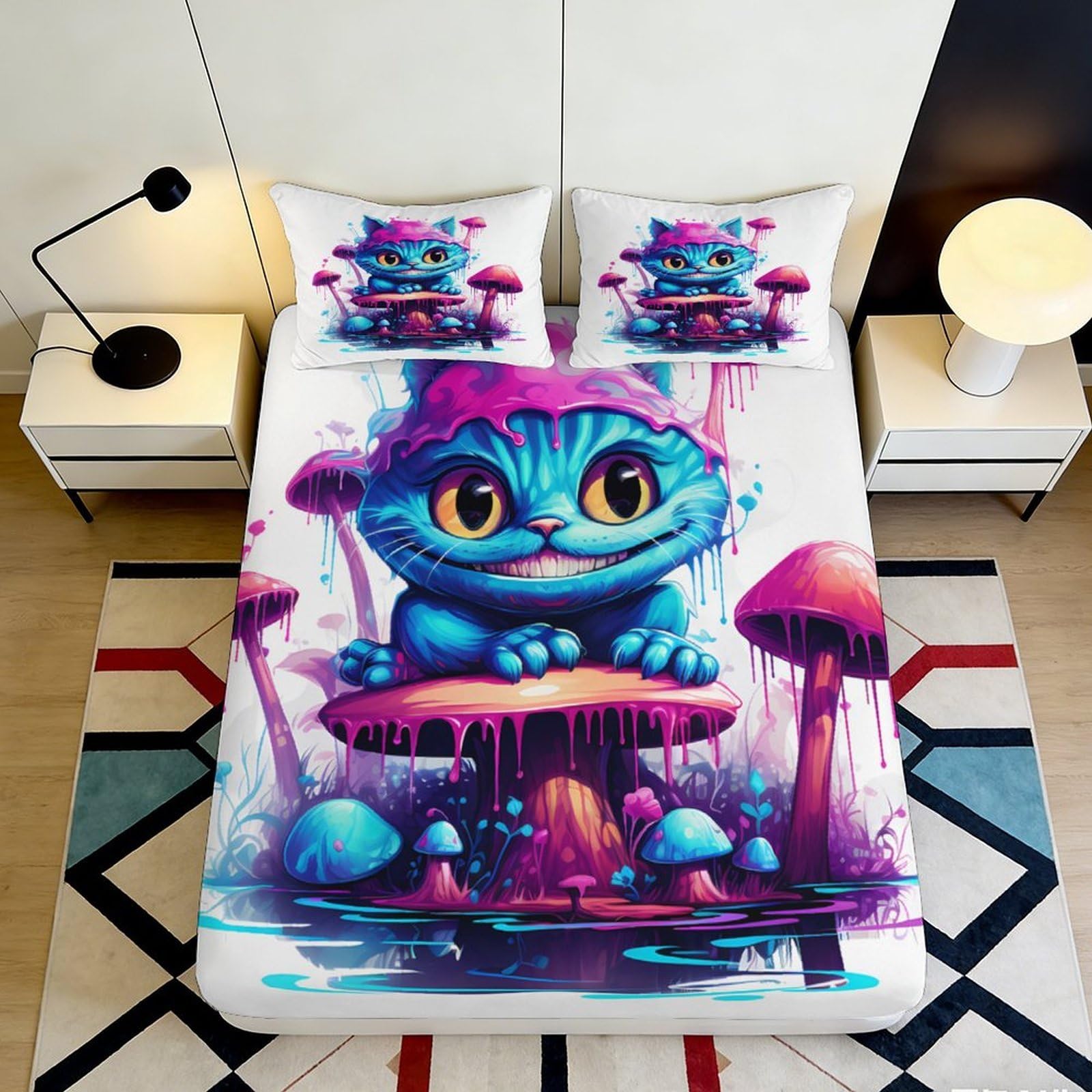 3D Printed Fantasy Cat Fitted Sheet Microfiber Vibrant Mushroom Bed Cover for Bedroom Dorm Easy Care Decor 90x200x25cm