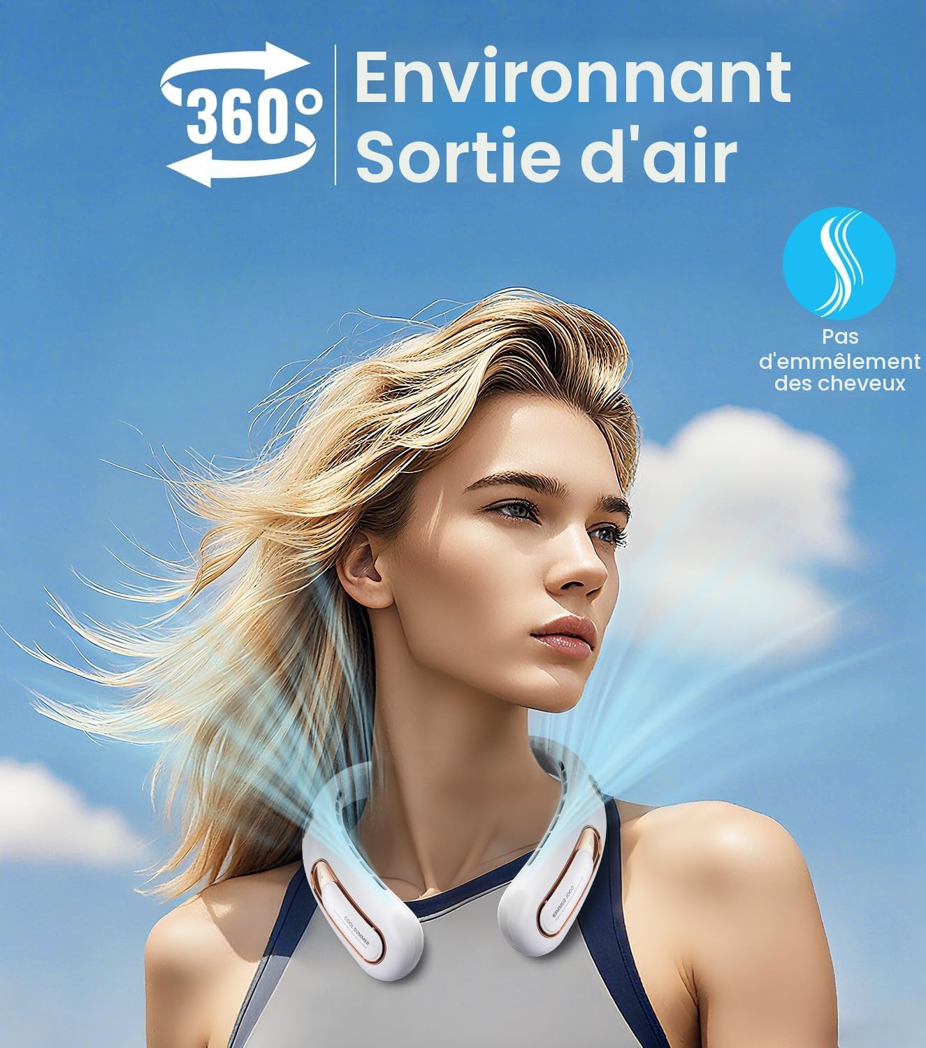 Ventilateur de Cou Portable USB Rechargeable 4000mAh 15H Silencieux sans Pale 3 Vitesses LED 360°