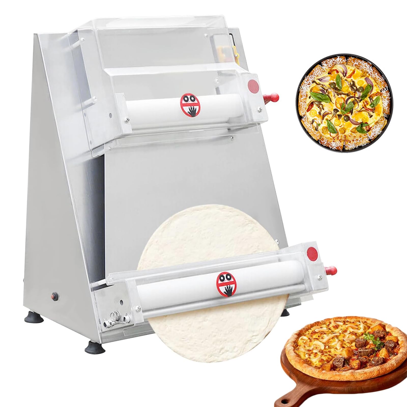 Pressa per Pizza Professionale, Sfogliatrice Automatica per Pizza con 2 Rulli Regolabili, Dimensione Pizza da 3 a 38 Cm E Spessore Regolabile da 0,6 Cm a 0,5 Cm, capacità di 250 Pizze/h