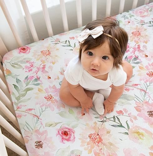 Sábanas para cuna para bebé niña  Ropa de cama floral ultrasuave para colchón de cuna y camas pequeñas - Sábana bajera ajustable de algodón mezclado