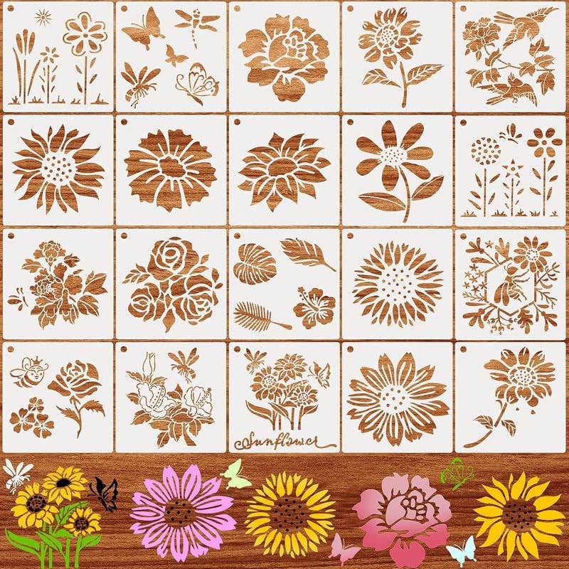 Devasya Crafts 20 Pieces Sunflower Stencil Butterfly Reusable Template Butterflies Bee Dragonfly Stencil Template Floral Flower Stencils Reusable Painting Templates for Painting DIY Craft on Wood, Canvas, Furniture