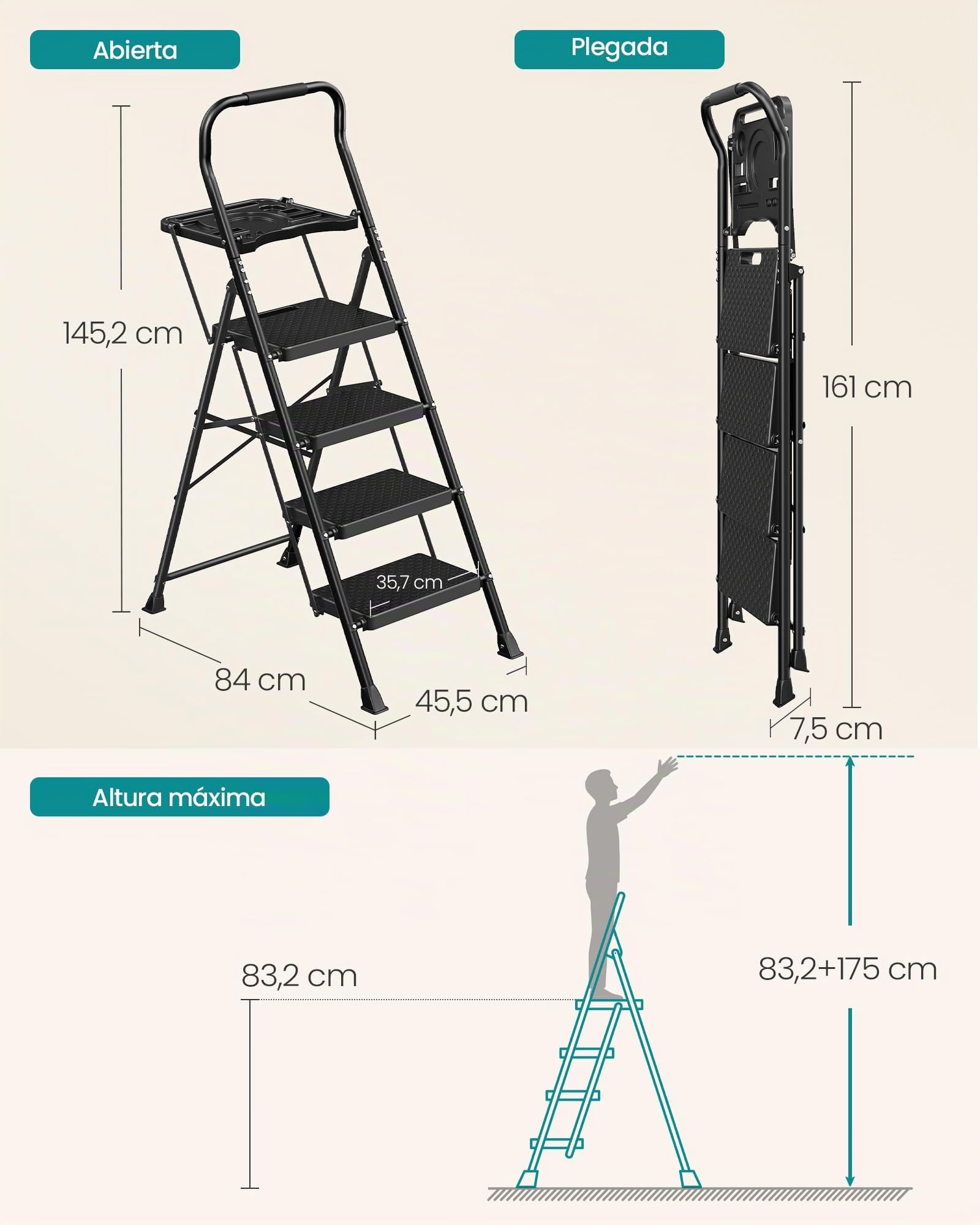 SONGMICS Escalera de Acero, Escalera Plegable de 4 Peldaños, Carga de 150 kg, para Casa, Oficina, Jardín, 84 x 45,5 x 145,2 cm, Negro GSL204BZ01