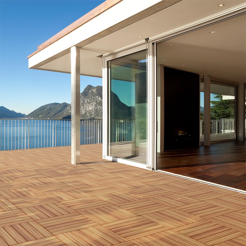 Lot de 27 dalles de terrasse en bois d'acacia emboîtables pour terrasse, jardin et arrière-cour, 30,5 x 30,5 cm, revêtement de sol extérieur en bois naturel durable pour balcon et décoration