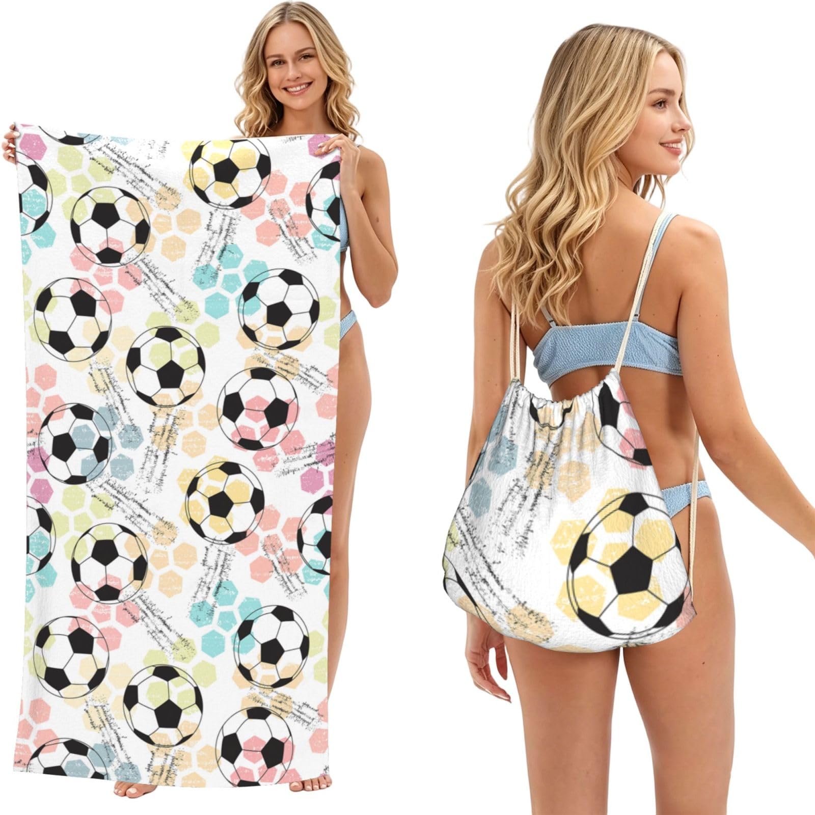 Poadnly As Picture Football Soccer Watercolor, 2 In 1 Packable Towel Bag, Beach Towels With Drawstring Backpack For Travel Holiday Camping